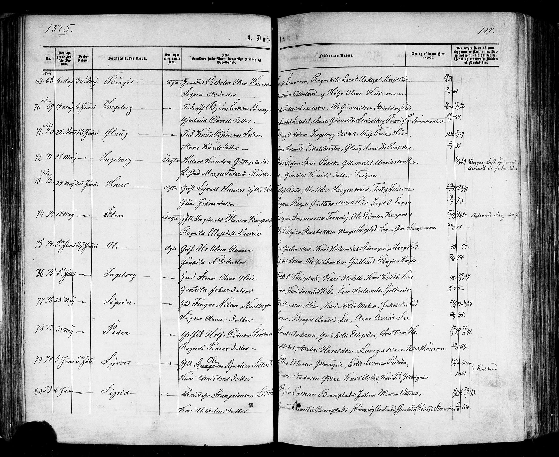 Nes kirkebøker, AV/SAKO-A-236/F/Fa/L0010: Parish register (official) no. 10, 1864-1880, p. 107