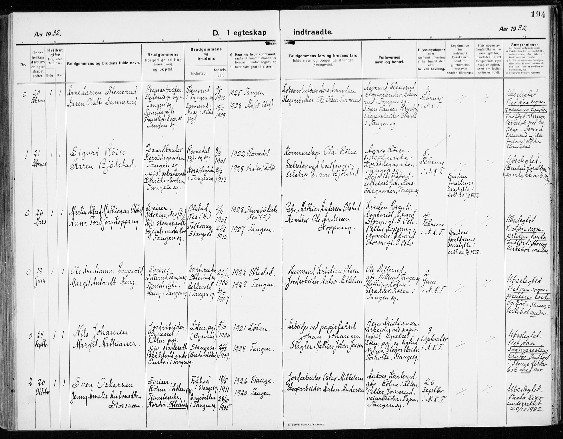 Stange prestekontor, AV/SAH-PREST-002/K/L0025: Parish register (official) no. 25, 1921-1945, p. 194