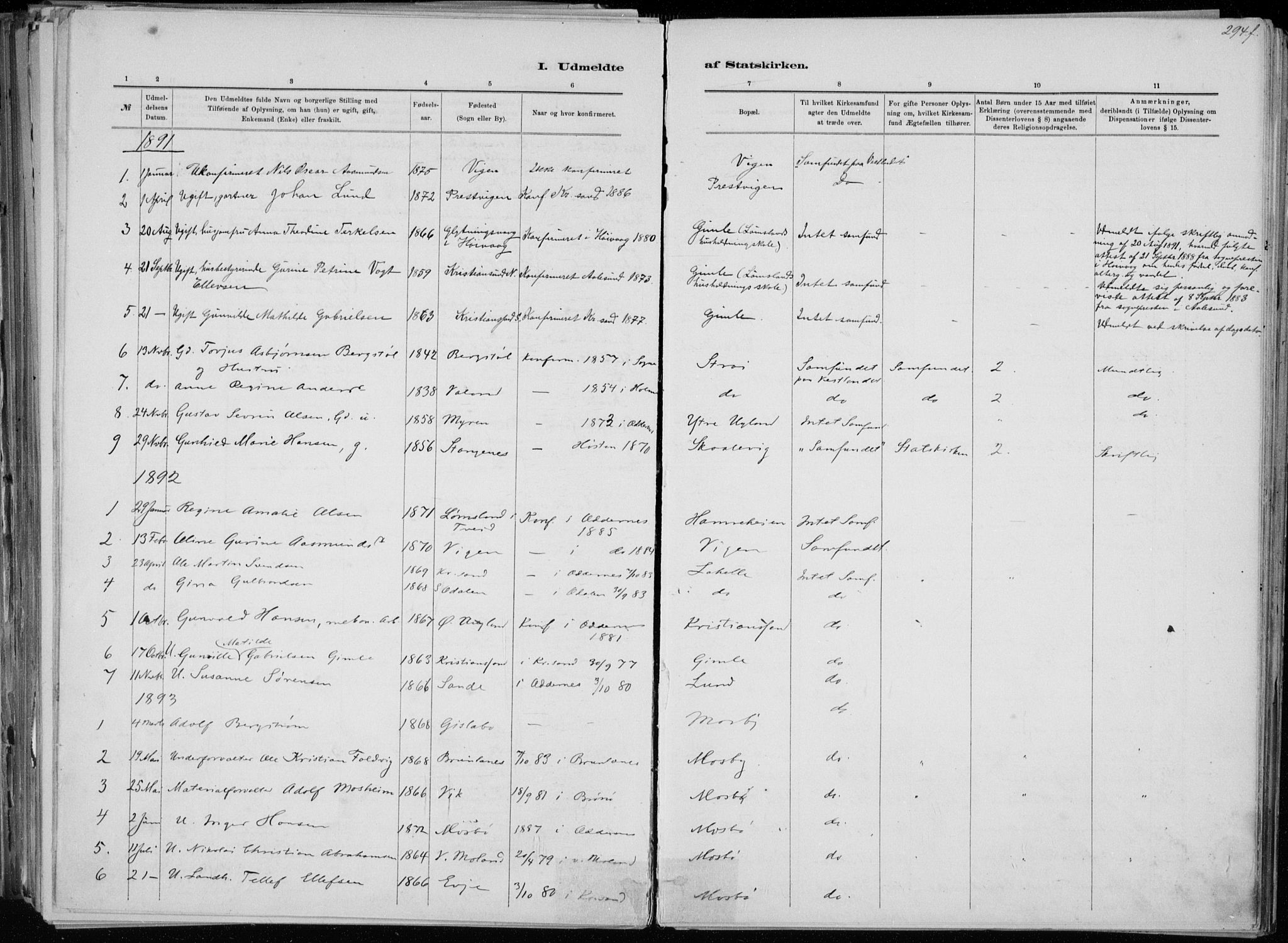 Oddernes sokneprestkontor, AV/SAK-1111-0033/F/Fa/Faa/L0009: Parish register (official) no. A 9, 1884-1896, p. 294f