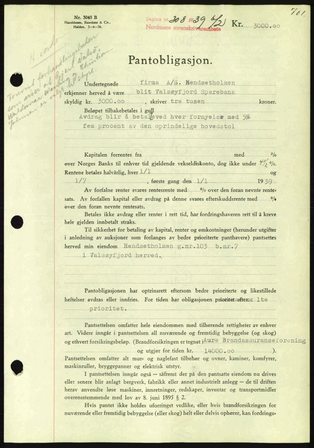 Nordmøre sorenskriveri, SAT/A-4132/1/2/2Ca: Mortgage book no. B84, 1938-1939, Diary no: : 308/1939