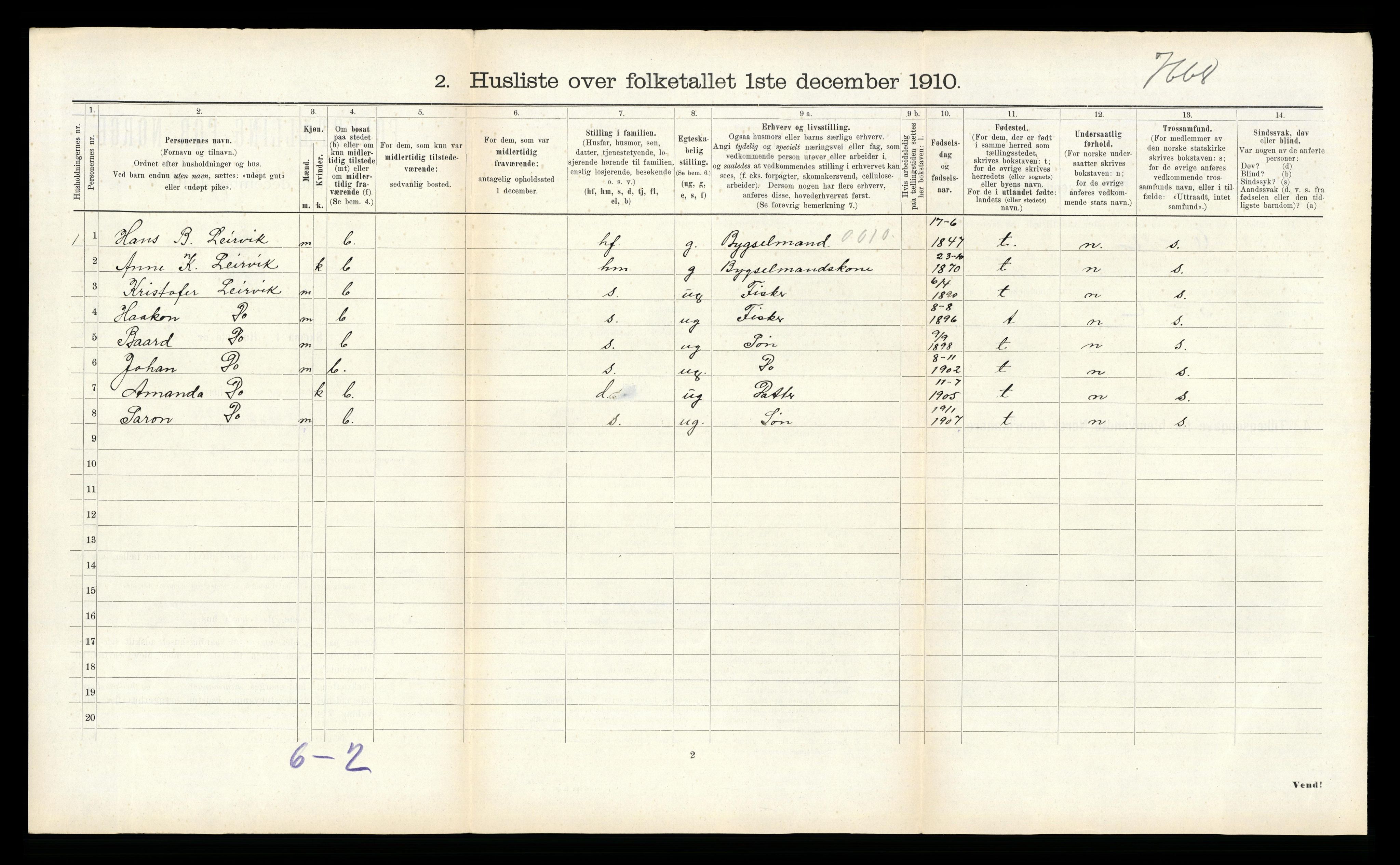 RA, 1910 census for Bremanger, 1910, p. 634
