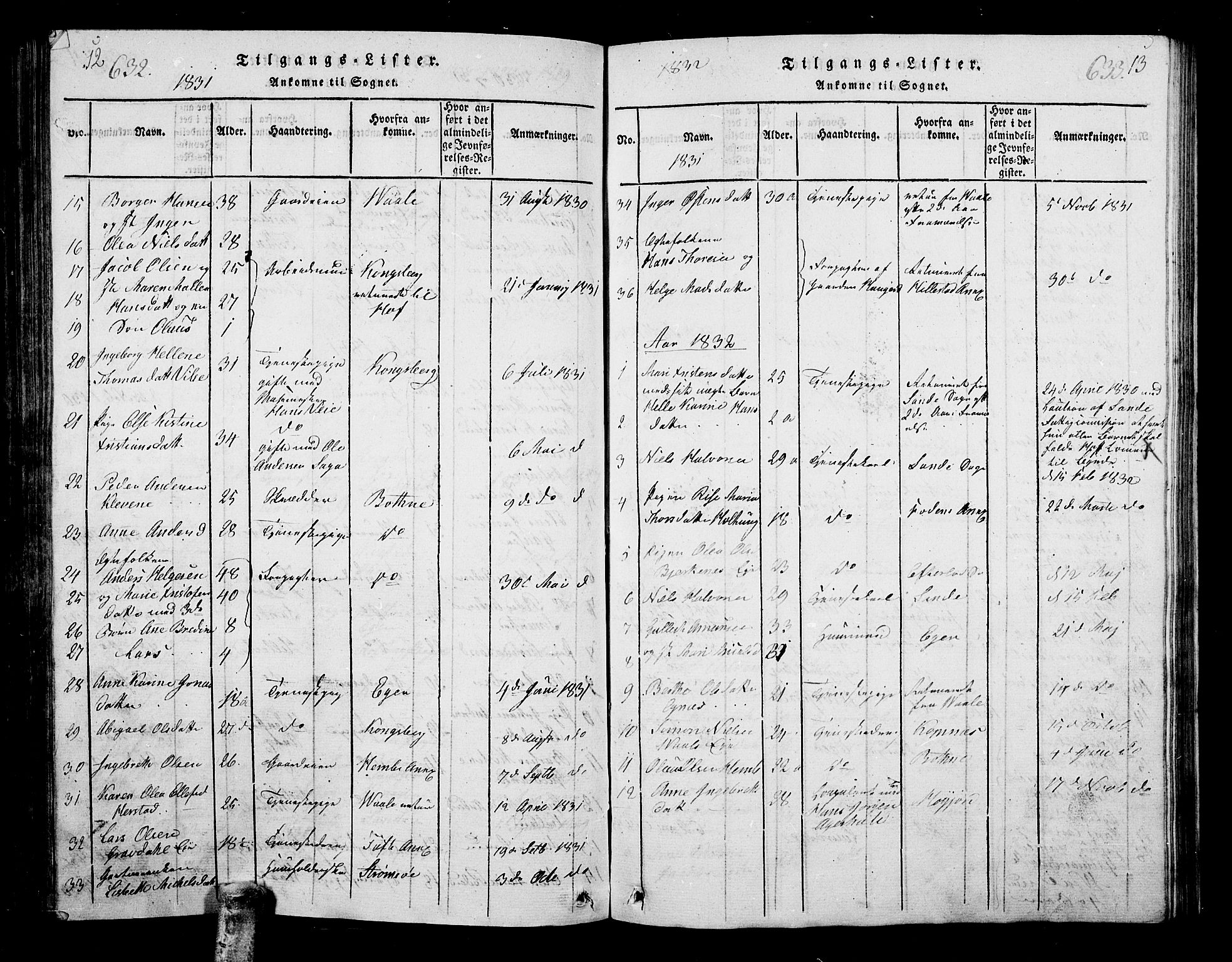 Hof kirkebøker, AV/SAKO-A-64/G/Ga/L0001: Parish register (copy) no. I 1, 1814-1844, p. 632-633