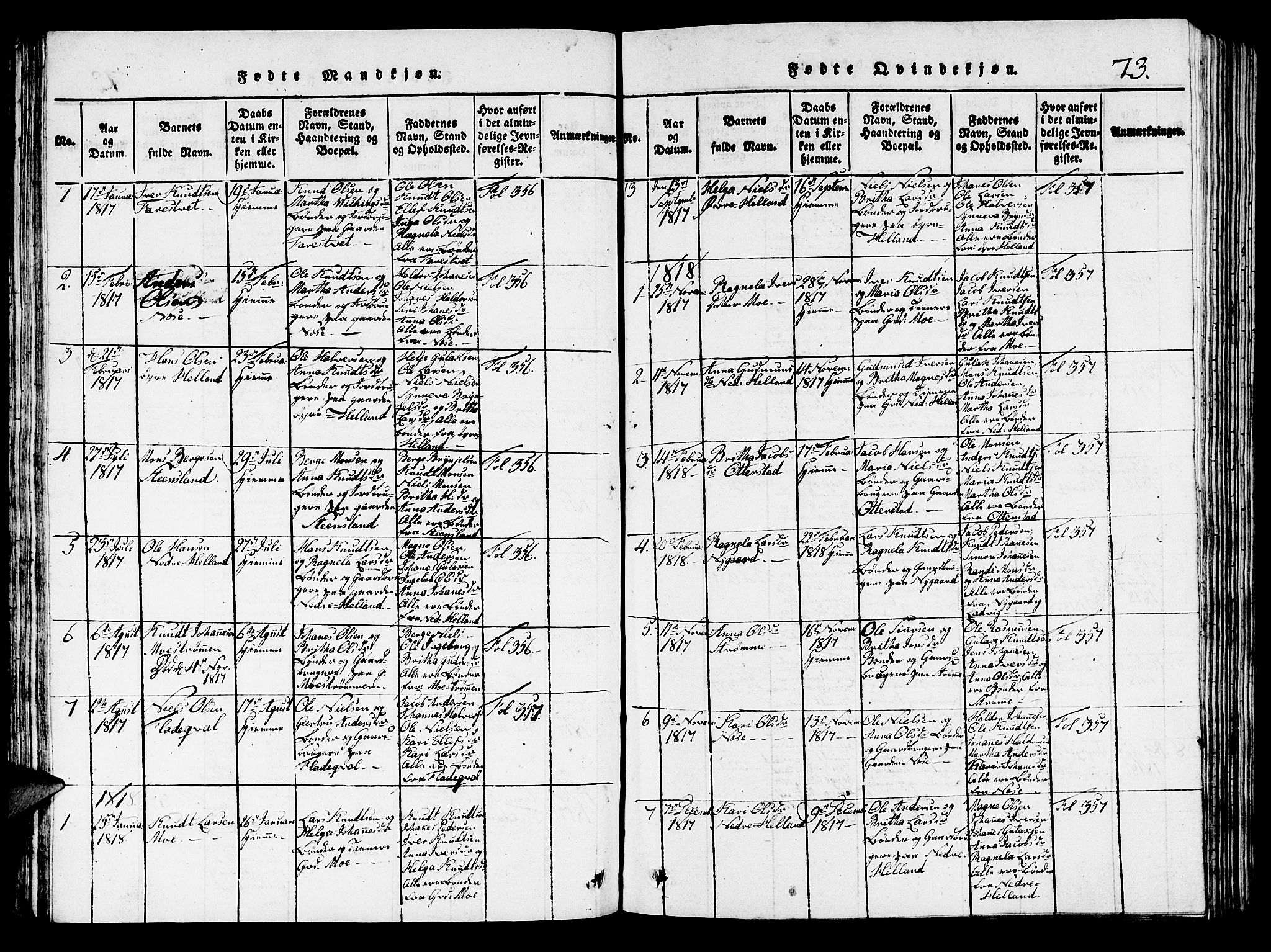 Hosanger sokneprestembete, AV/SAB-A-75801/H/Hab: Parish register (copy) no. A 1 /3, 1816-1825, p. 73