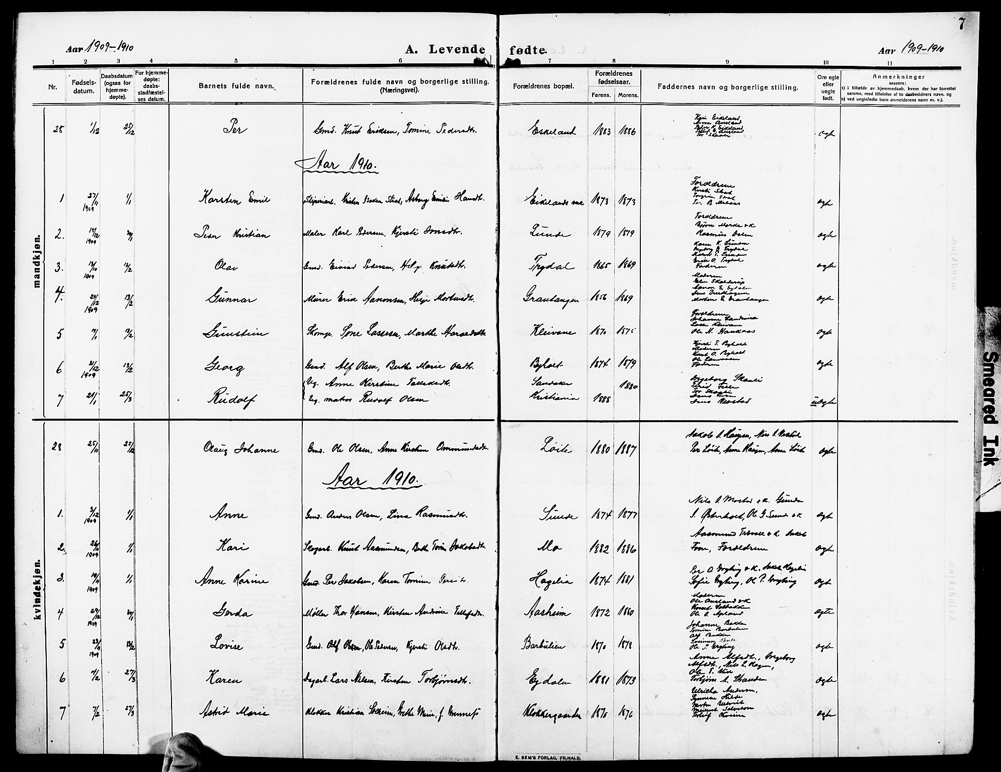 Gjerstad sokneprestkontor, AV/SAK-1111-0014/F/Fb/Fba/L0008: Parish register (copy) no. B 8, 1909-1925, p. 7