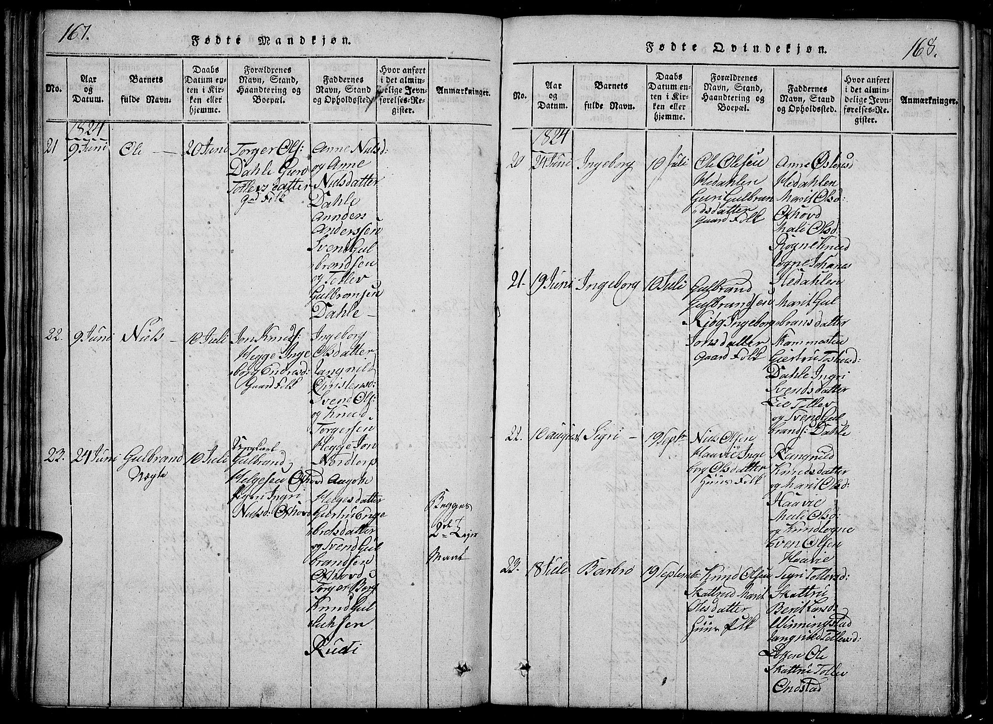 Slidre prestekontor, AV/SAH-PREST-134/H/Ha/Hab/L0002: Parish register (copy) no. 2, 1814-1839, p. 167-168