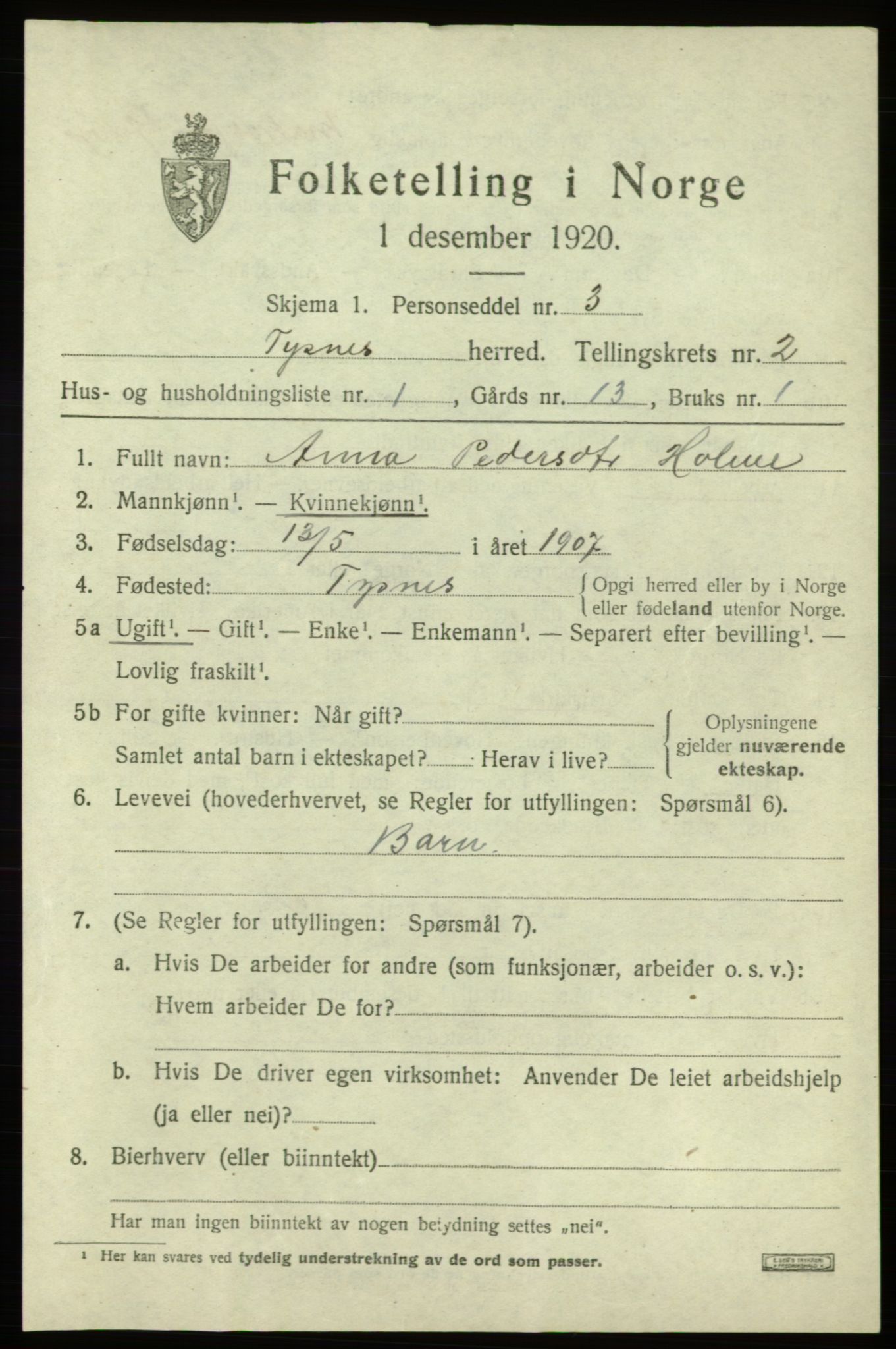 SAB, 1920 census for Tysnes, 1920, p. 2272