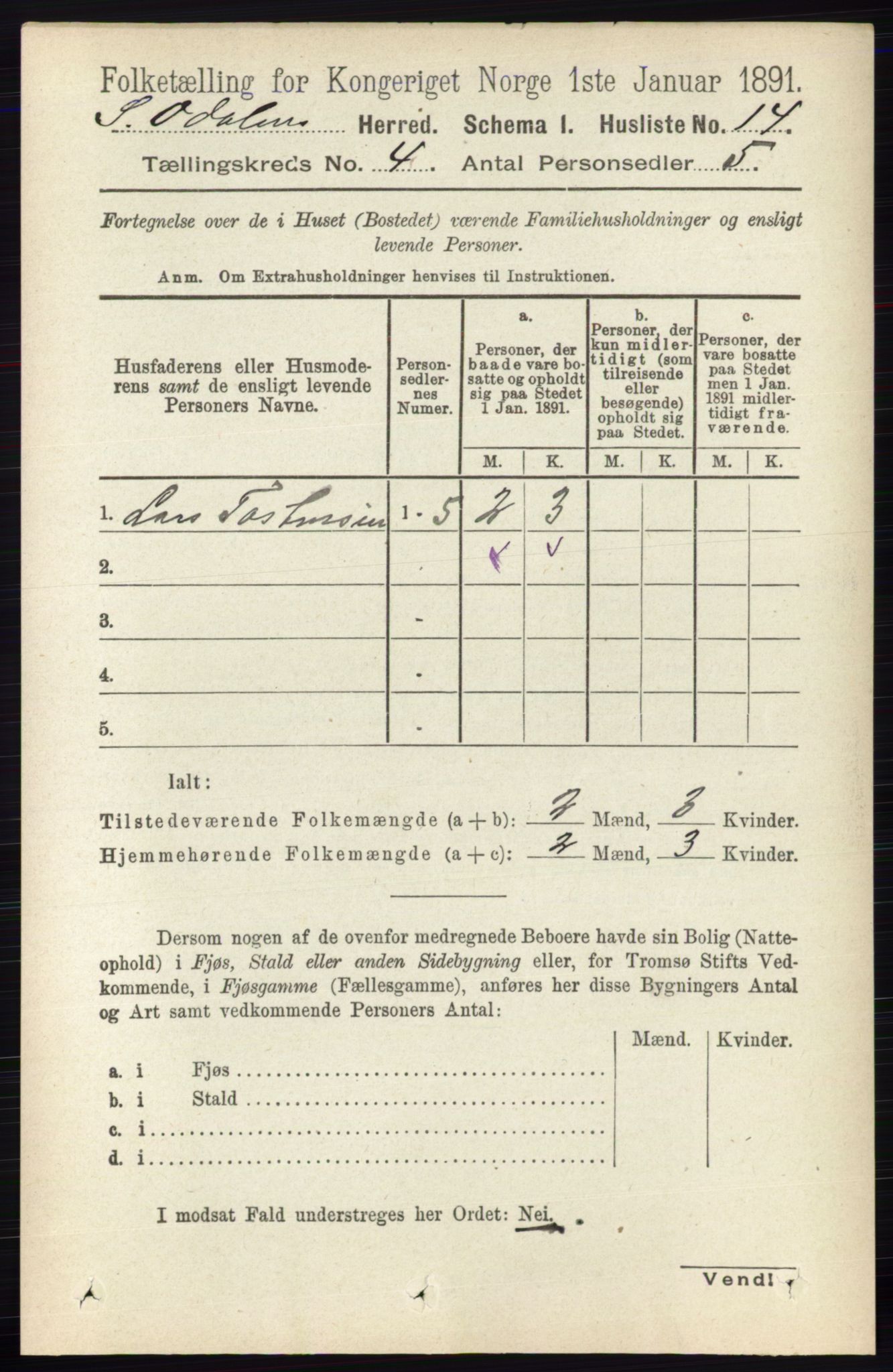 RA, 1891 census for 0419 Sør-Odal, 1891, p. 1666