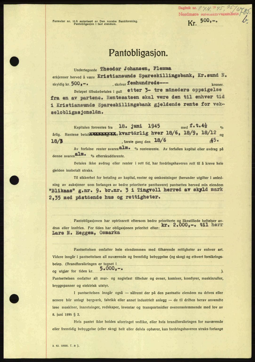 Nordmøre sorenskriveri, AV/SAT-A-4132/1/2/2Ca: Mortgage book no. B92, 1944-1945, Diary no: : 874/1945