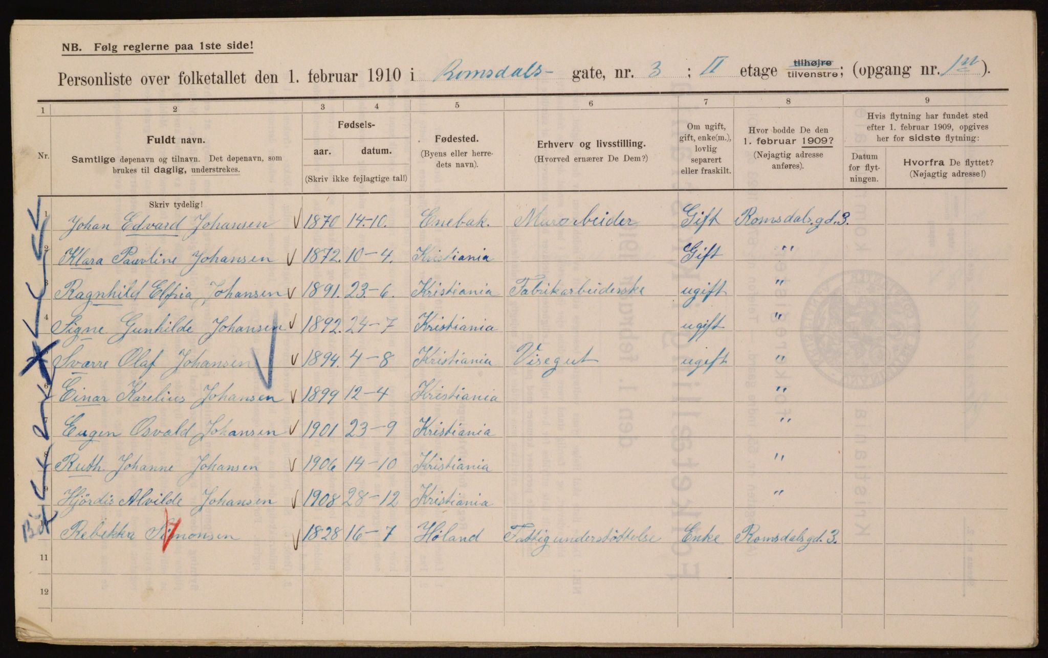 OBA, Municipal Census 1910 for Kristiania, 1910, p. 79522