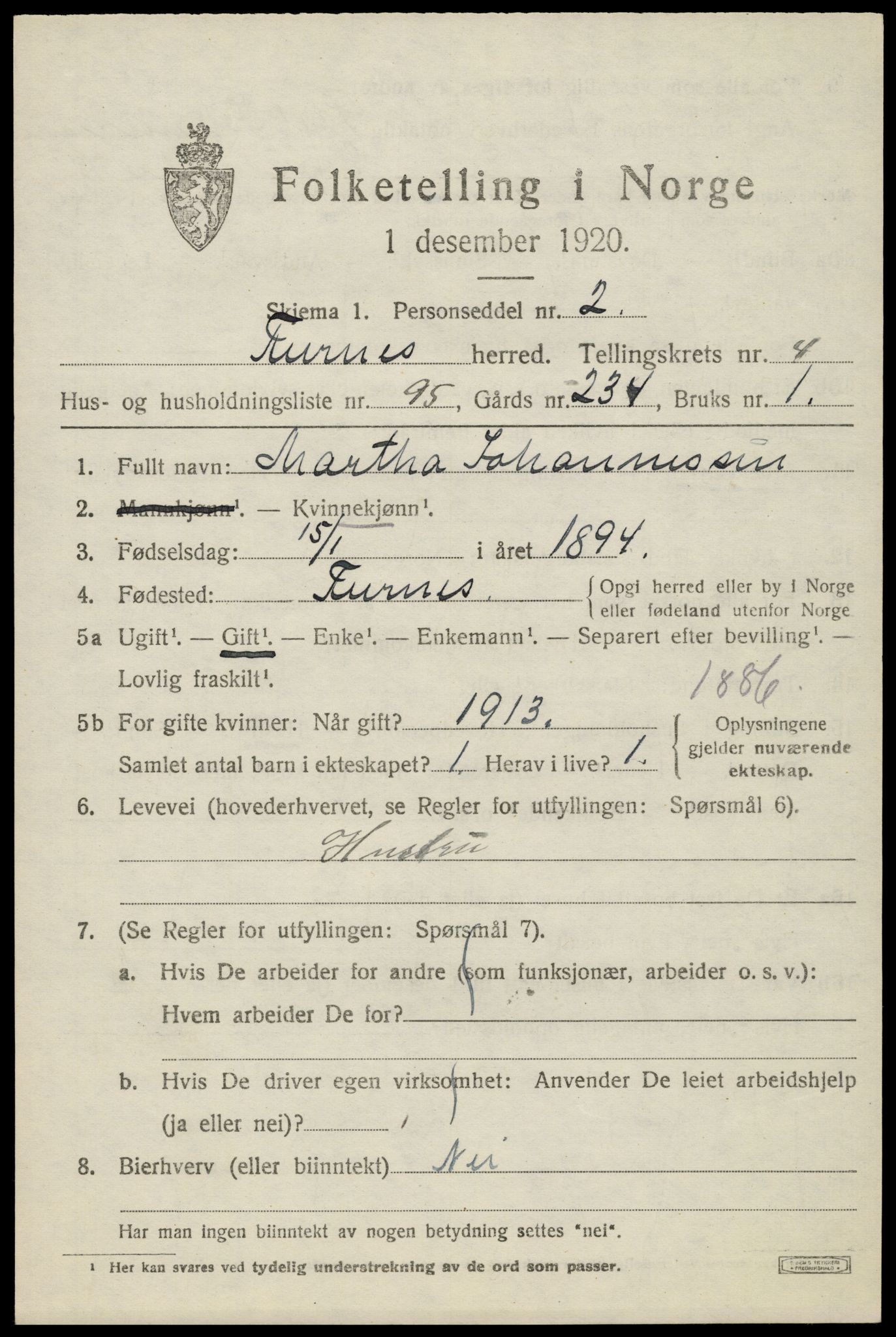 SAH, 1920 census for Furnes, 1920, p. 6963