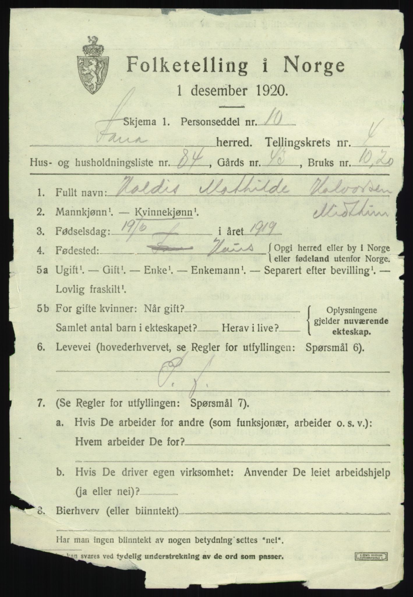 SAB, 1920 census for Fana, 1920, p. 7025