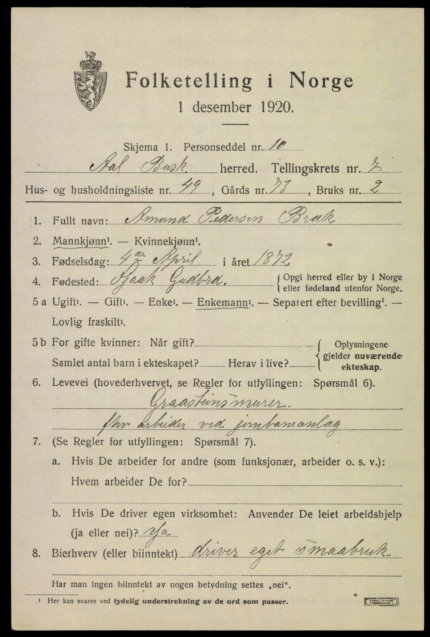 SAKO, 1920 census for Ål, 1920, p. 5346