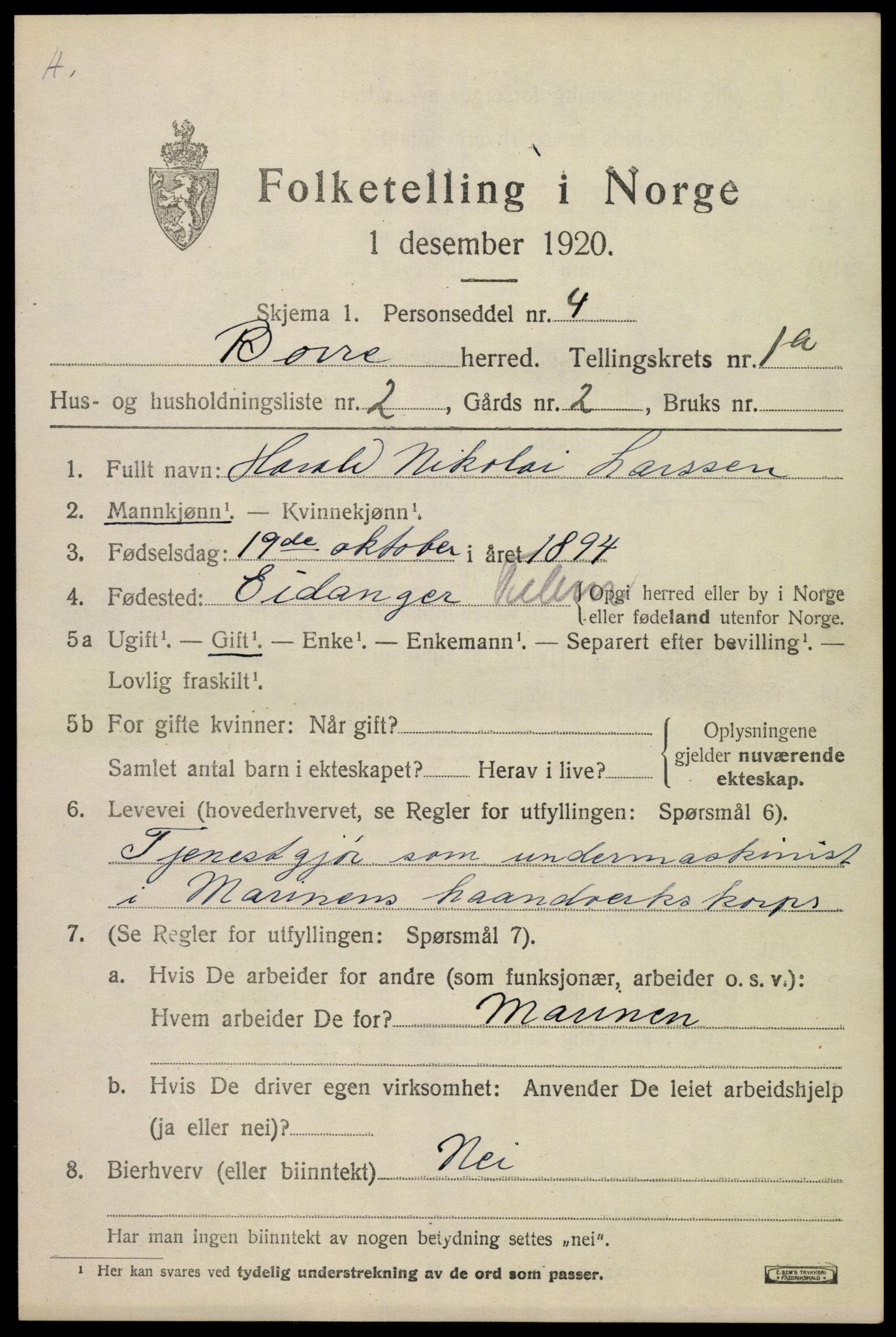 SAKO, 1920 census for Borre, 1920, p. 1402