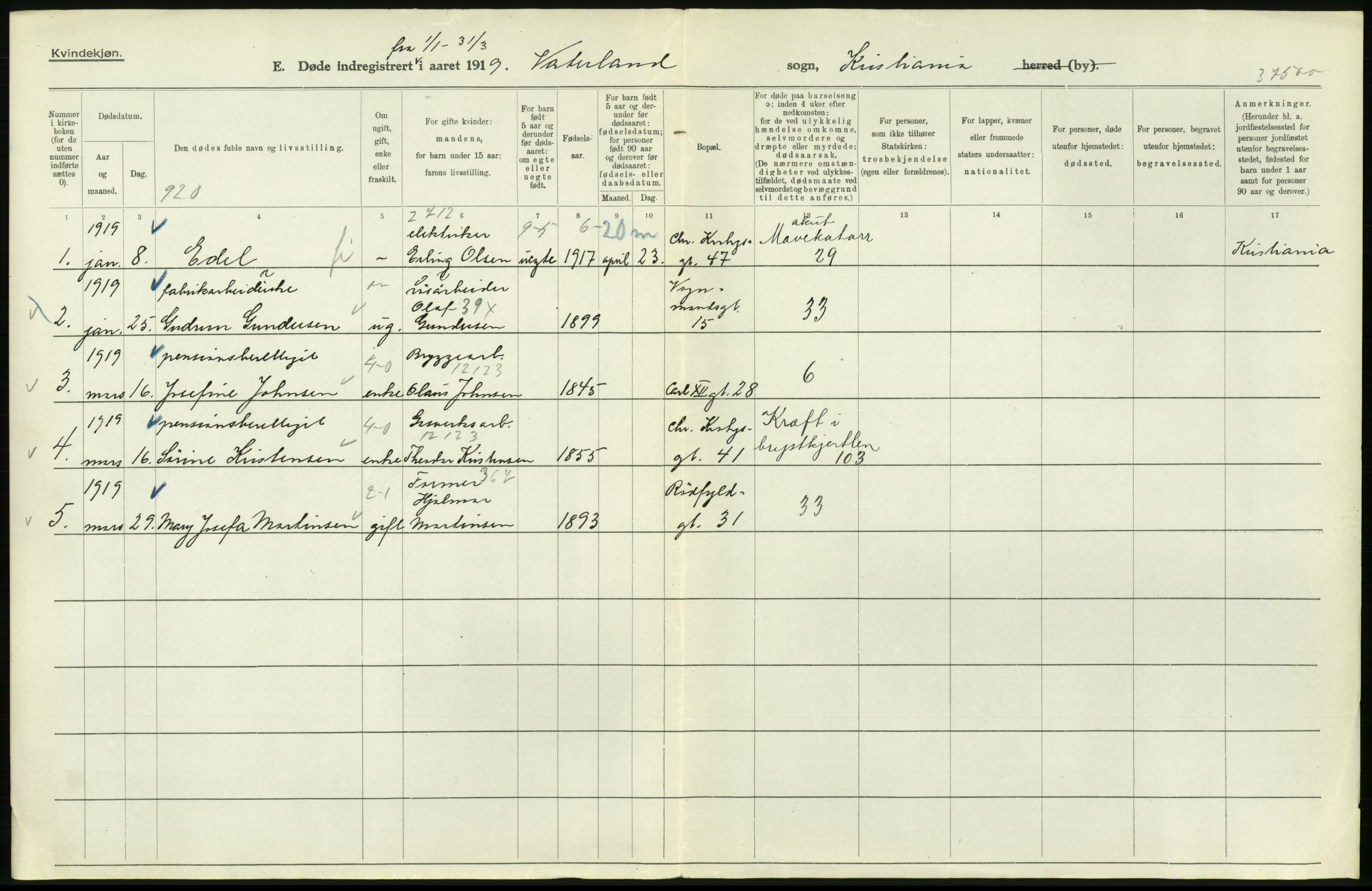 Statistisk sentralbyrå, Sosiodemografiske emner, Befolkning, RA/S-2228/D/Df/Dfb/Dfbi/L0010: Kristiania: Døde, 1919, p. 498