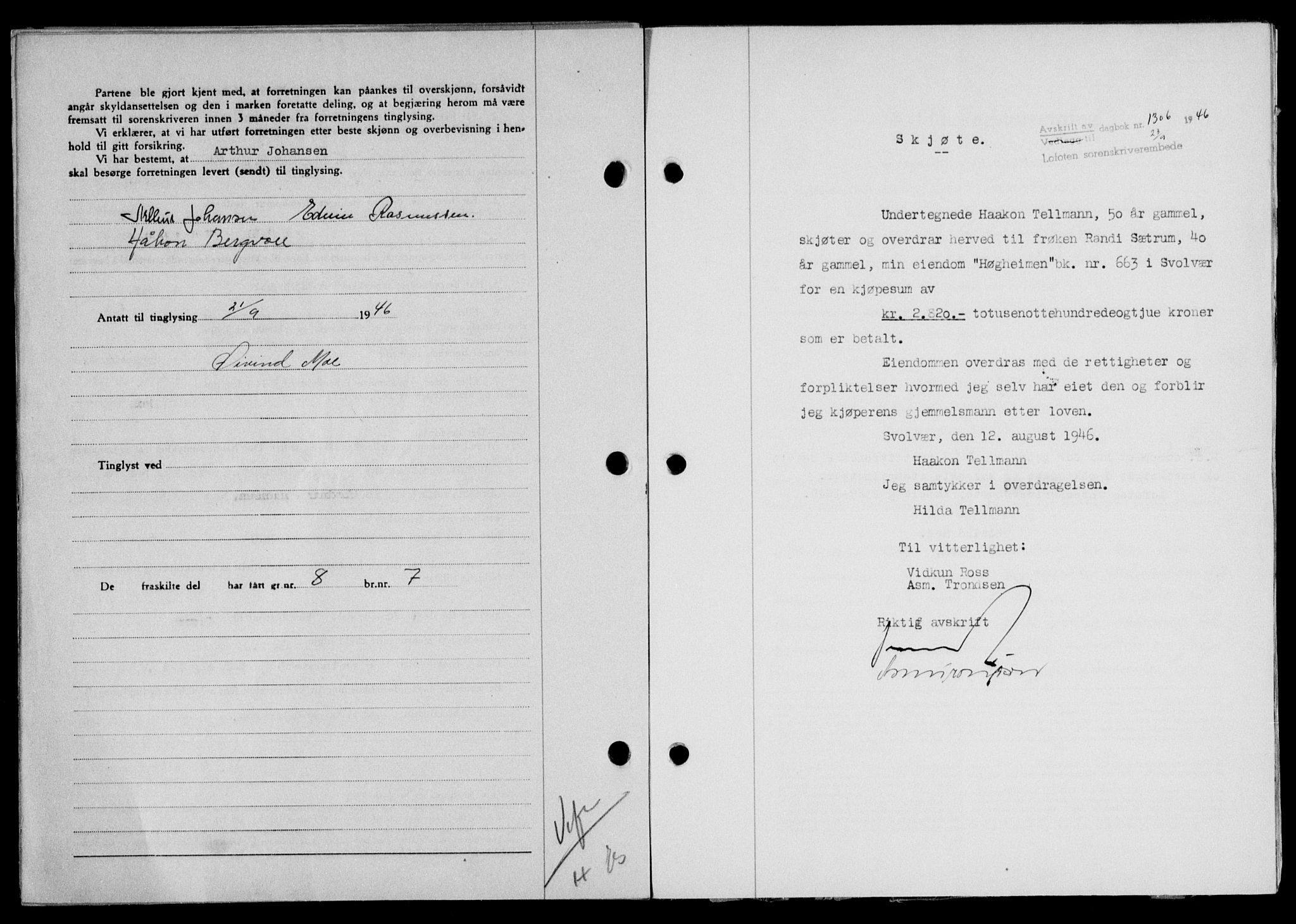 Lofoten sorenskriveri, SAT/A-0017/1/2/2C/L0014a: Mortgage book no. 14a, 1946-1946, Diary no: : 1306/1946