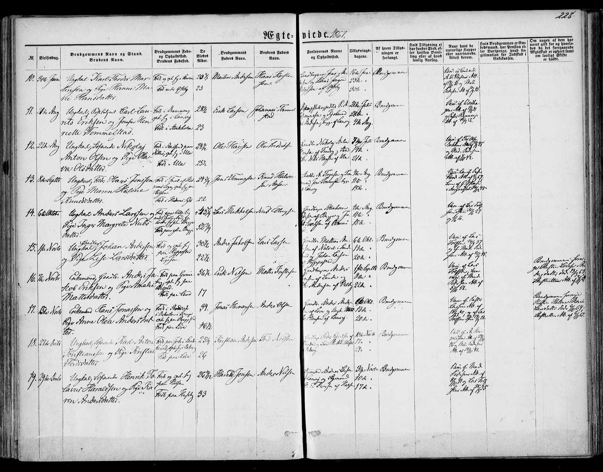 Tjølling kirkebøker, AV/SAKO-A-60/F/Fa/L0007: Parish register (official) no. 7, 1860-1876, p. 228