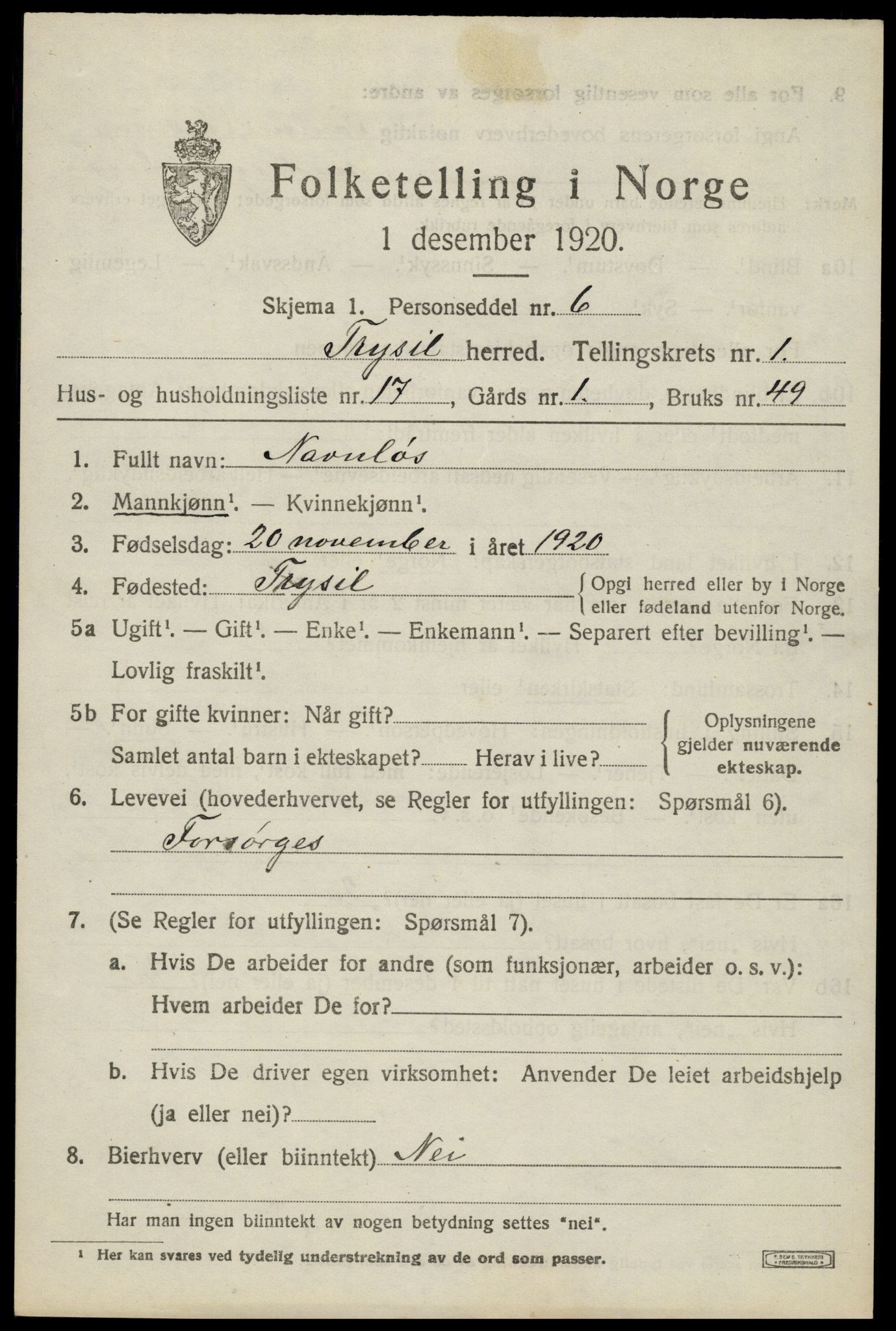 SAH, 1920 census for Trysil, 1920, p. 2759