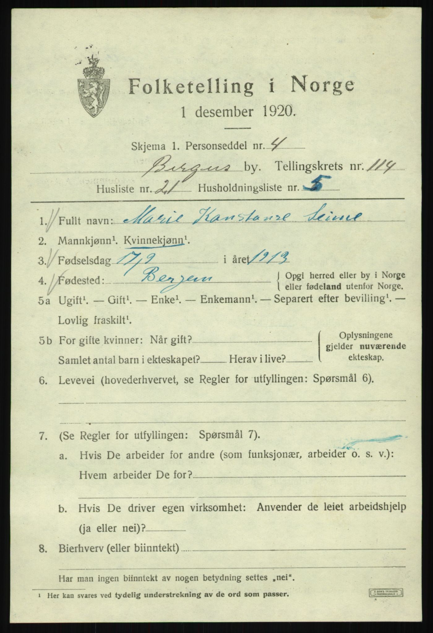 SAB, 1920 census for Bergen, 1920, p. 194932