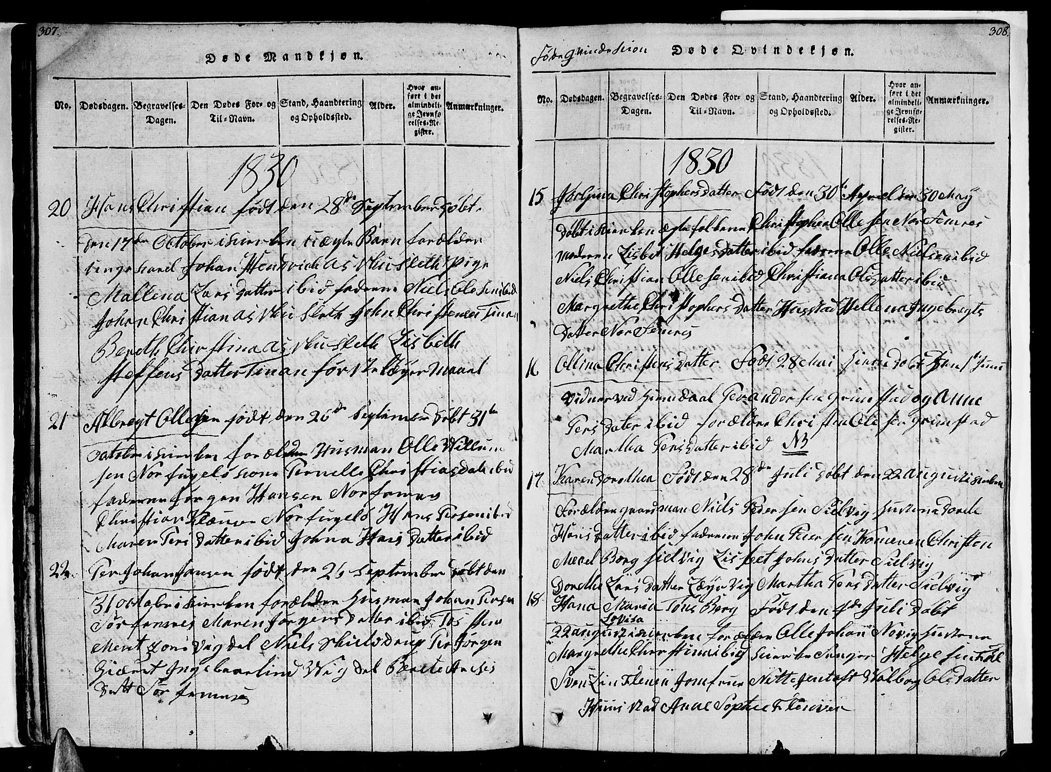 Ministerialprotokoller, klokkerbøker og fødselsregistre - Nordland, SAT/A-1459/805/L0105: Parish register (copy) no. 805C01, 1820-1839, p. 307-308