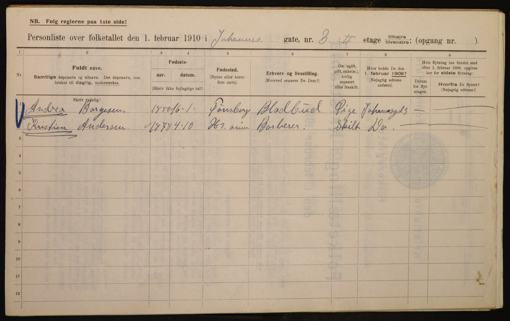 OBA, Municipal Census 1910 for Kristiania, 1910, p. 45834