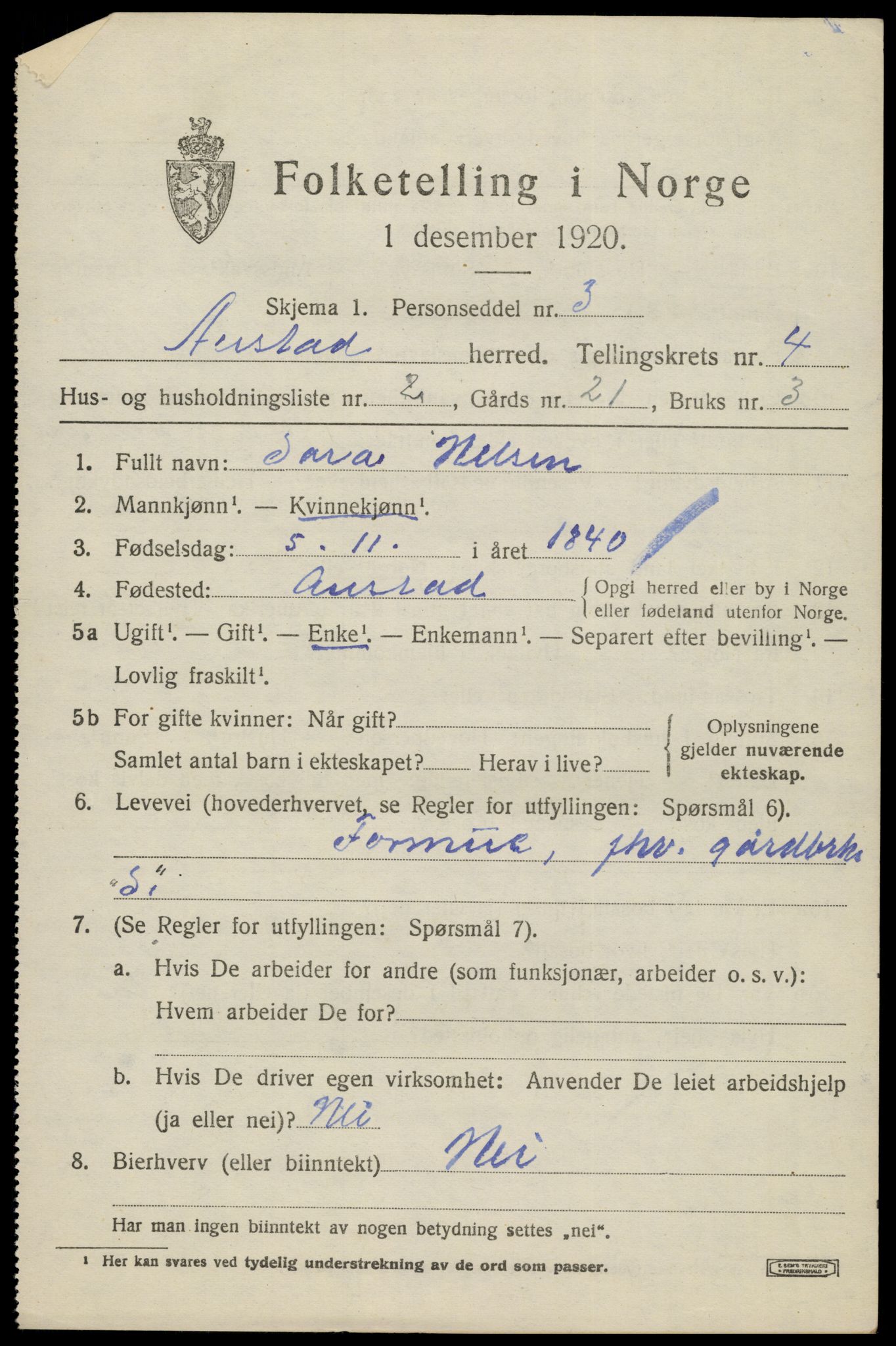 SAK, 1920 census for Austad, 1920, p. 1427