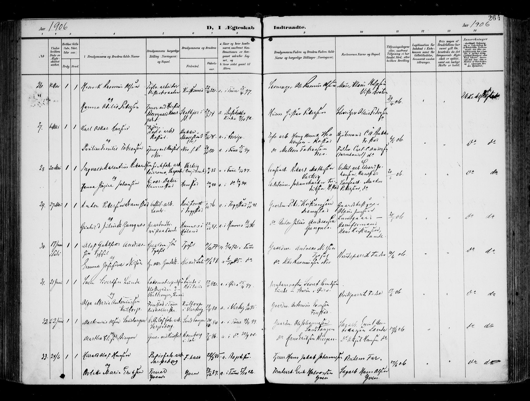 Tune prestekontor Kirkebøker, AV/SAO-A-2007/F/Fa/L0020: Parish register (official) no. 20, 1904-1909, p. 264