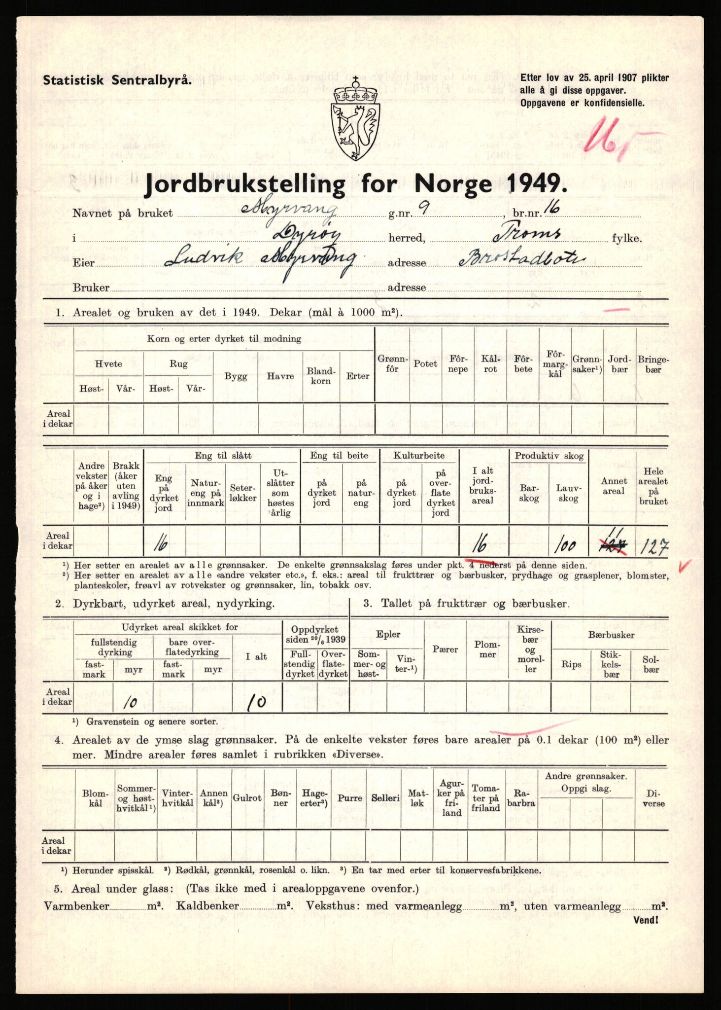 Statistisk sentralbyrå, Næringsøkonomiske emner, Jordbruk, skogbruk, jakt, fiske og fangst, AV/RA-S-2234/G/Gc/L0440: Troms: Sørreisa og Dyrøy, 1949, p. 1247