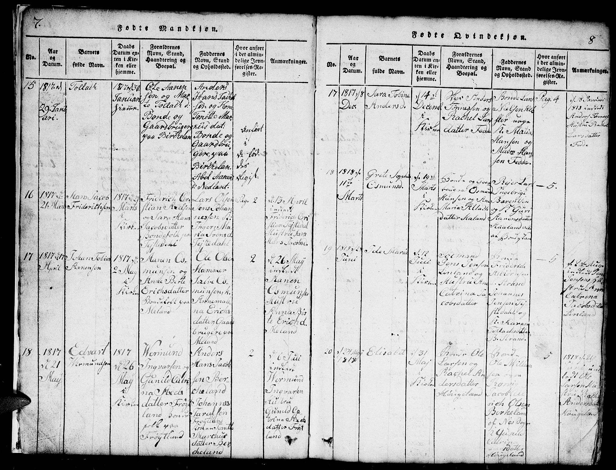 Kvinesdal sokneprestkontor, SAK/1111-0026/F/Fb/Fba/L0001: Parish register (copy) no. B 1, 1815-1839, p. 7-8