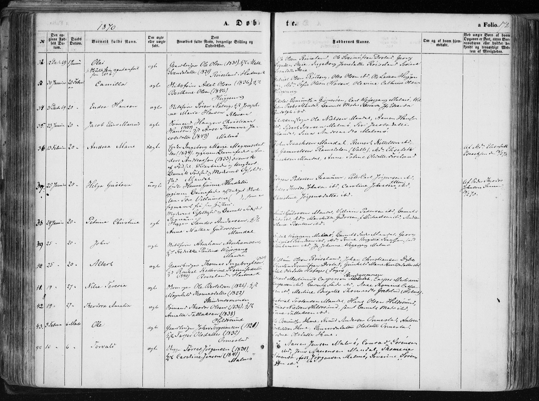 Mandal sokneprestkontor, SAK/1111-0030/F/Fa/Faa/L0014: Parish register (official) no. A 14, 1859-1872, p. 172