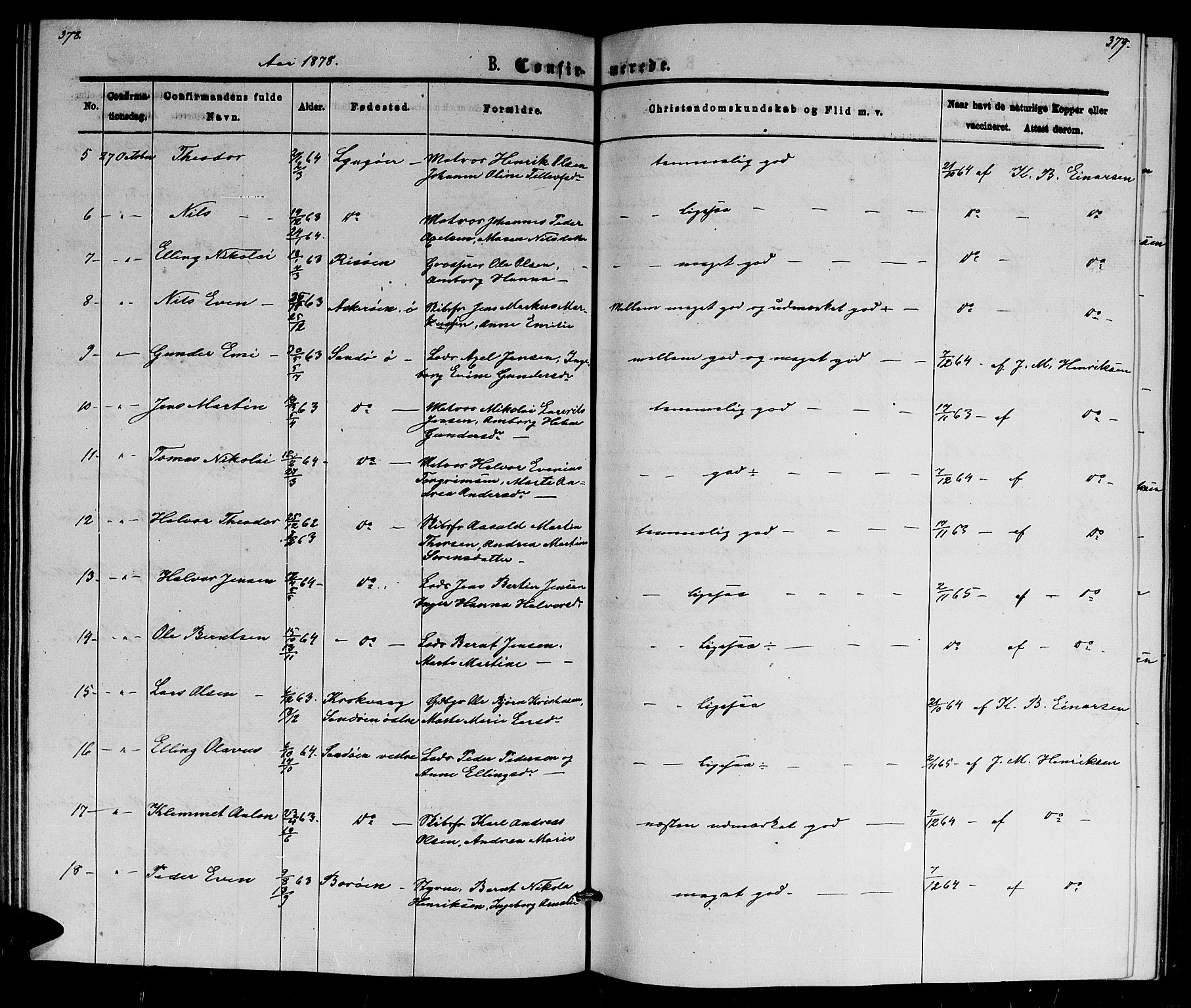 Dypvåg sokneprestkontor, SAK/1111-0007/F/Fb/Fba/L0012: Parish register (copy) no. B 12, 1872-1886, p. 378-379