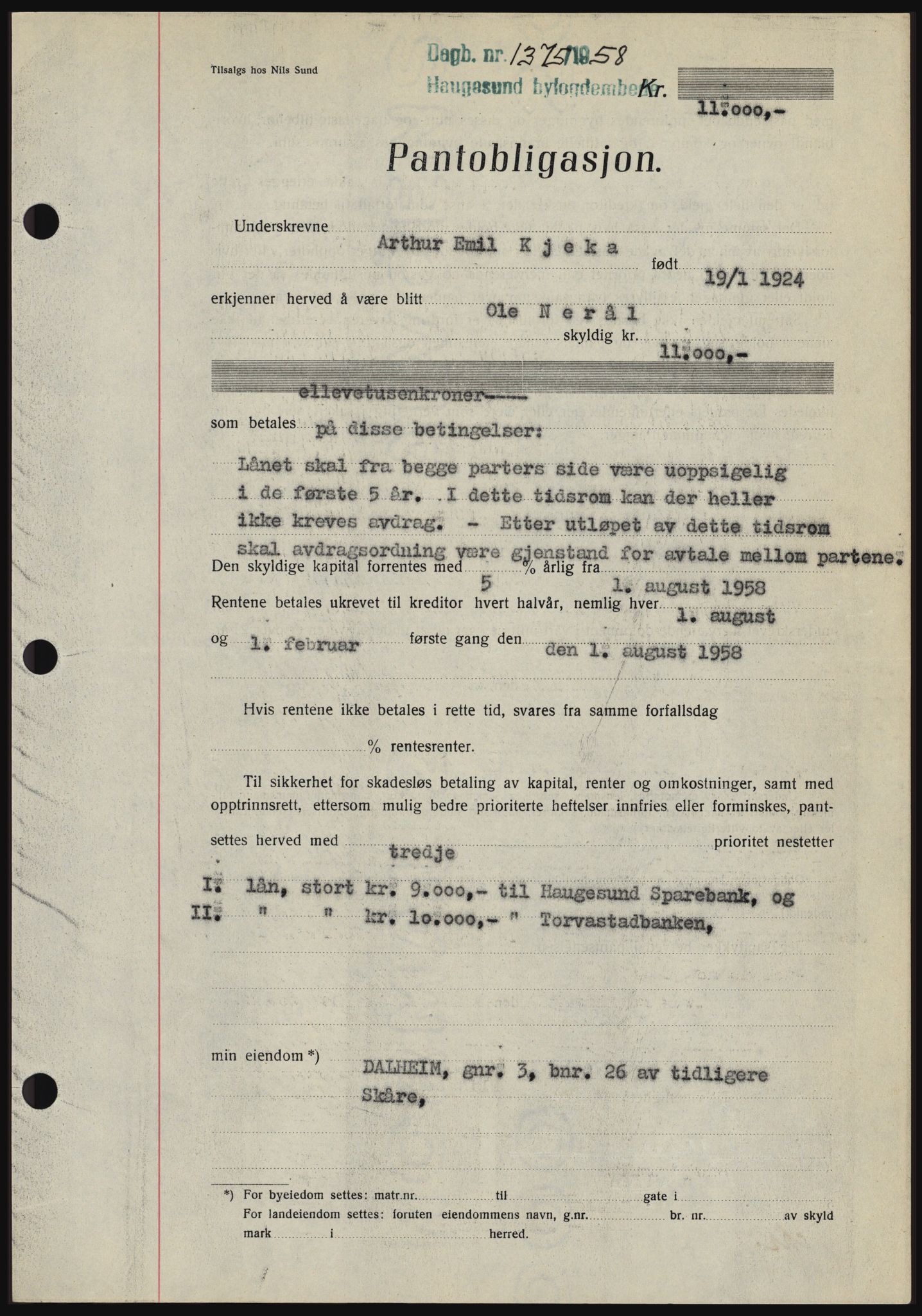 Haugesund tingrett, SAST/A-101415/01/II/IIC/L0044: Mortgage book no. B 44, 1958-1959, Diary no: : 1375/1958