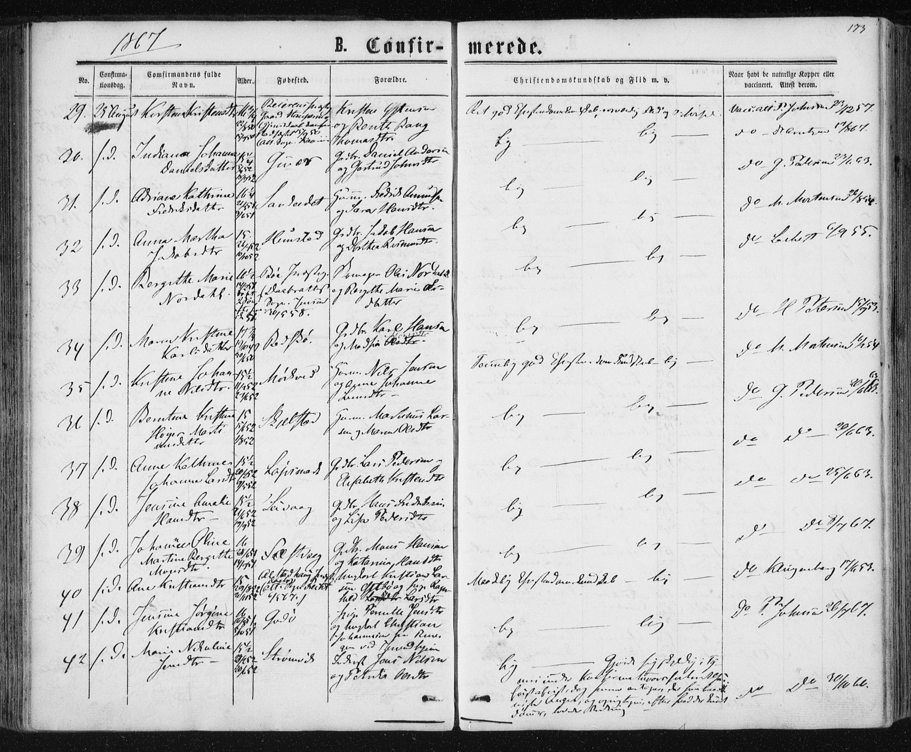 Ministerialprotokoller, klokkerbøker og fødselsregistre - Nordland, SAT/A-1459/801/L0008: Parish register (official) no. 801A08, 1864-1875, p. 173