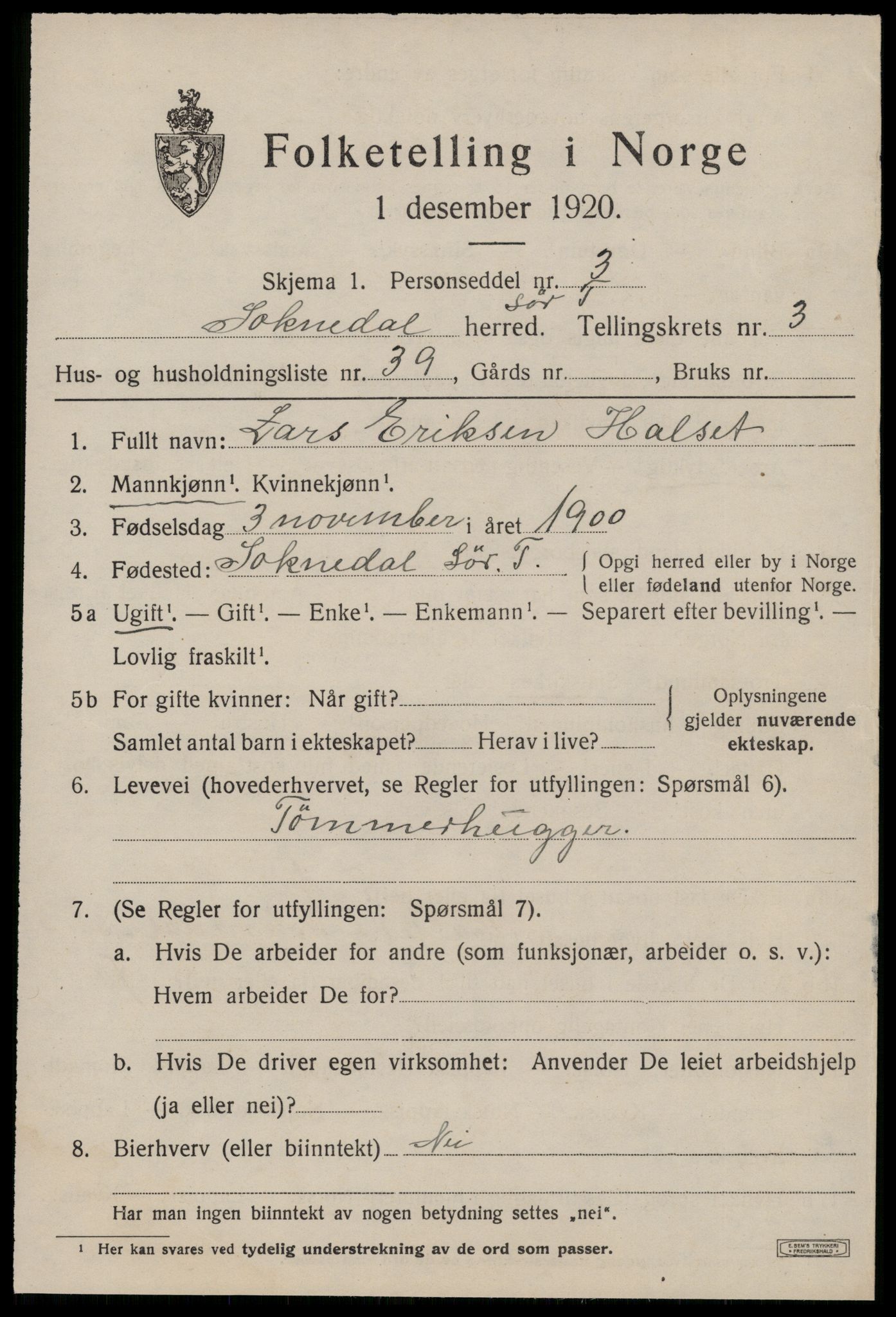 SAT, 1920 census for Soknedal, 1920, p. 2364