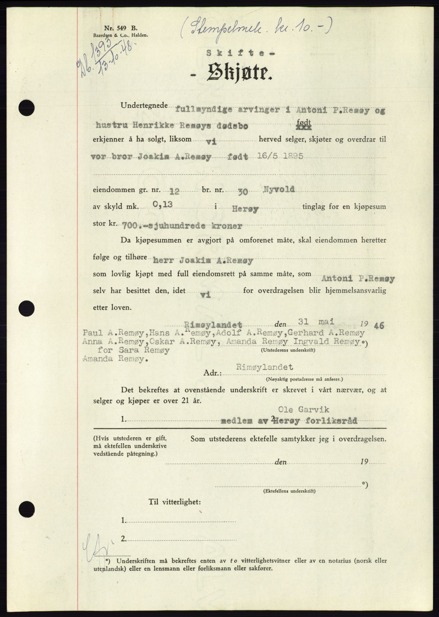 Søre Sunnmøre sorenskriveri, AV/SAT-A-4122/1/2/2C/L0083: Mortgage book no. 9A, 1948-1949, Diary no: : 1393/1948