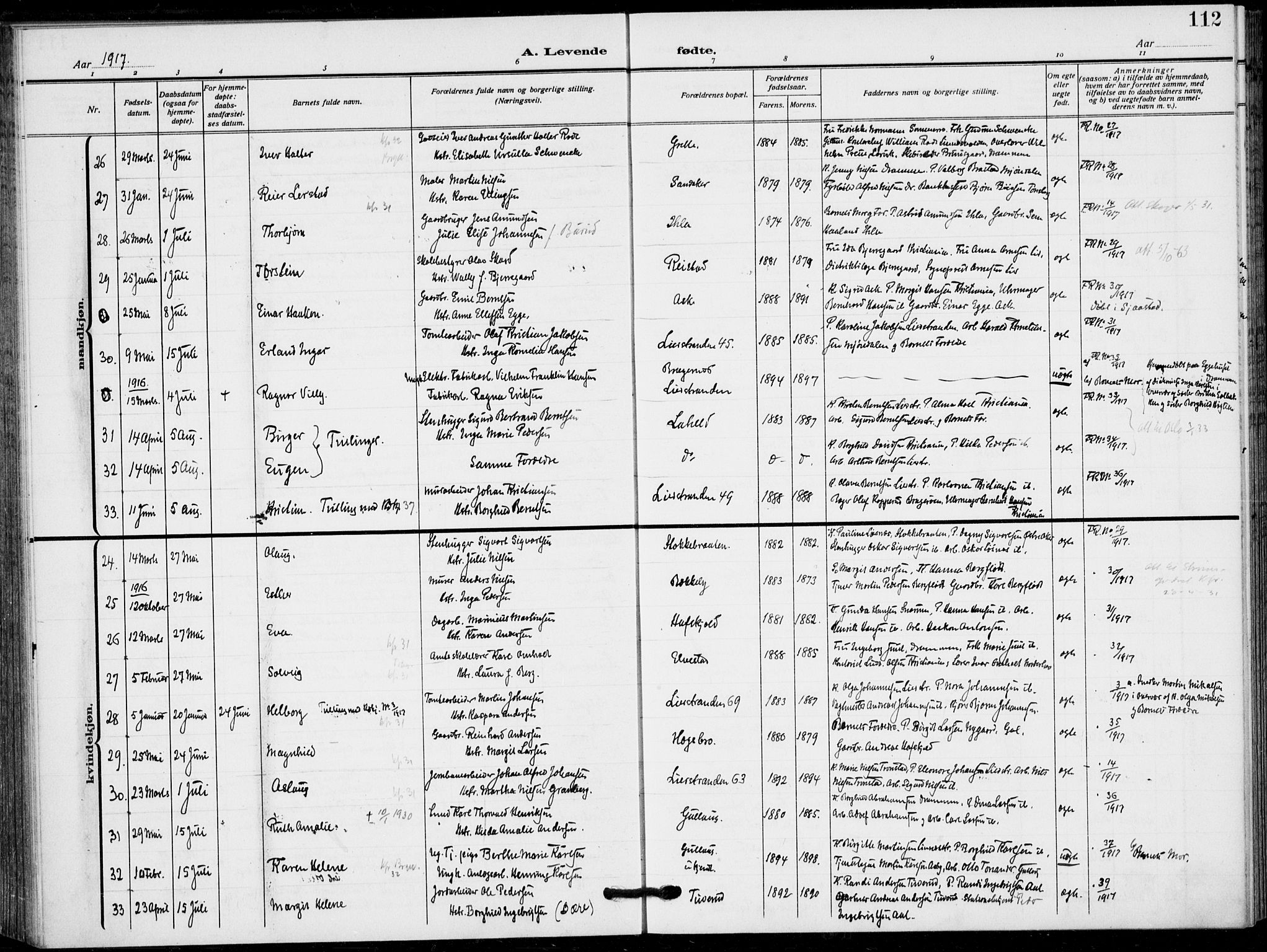 Lier kirkebøker, SAKO/A-230/F/Fa/L0018: Parish register (official) no. I 18, 1909-1917, p. 112