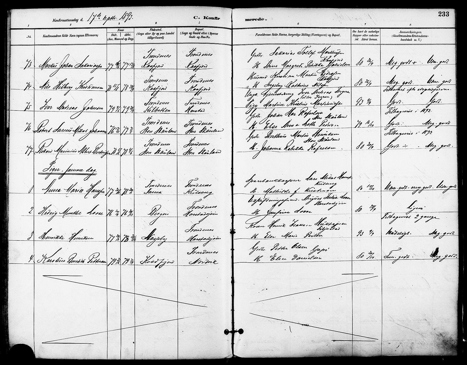 Trondenes sokneprestkontor, SATØ/S-1319/H/Ha/L0016kirke: Parish register (official) no. 16, 1890-1898, p. 233