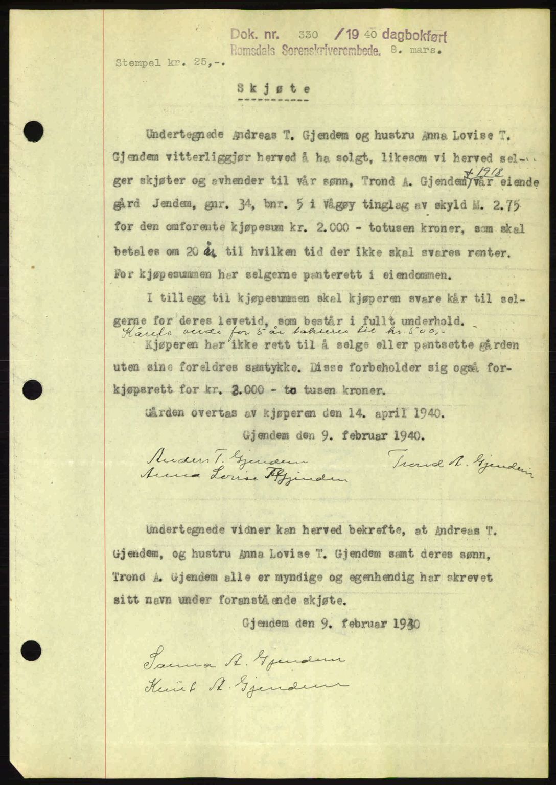 Romsdal sorenskriveri, AV/SAT-A-4149/1/2/2C: Mortgage book no. A8, 1939-1940, Diary no: : 330/1940