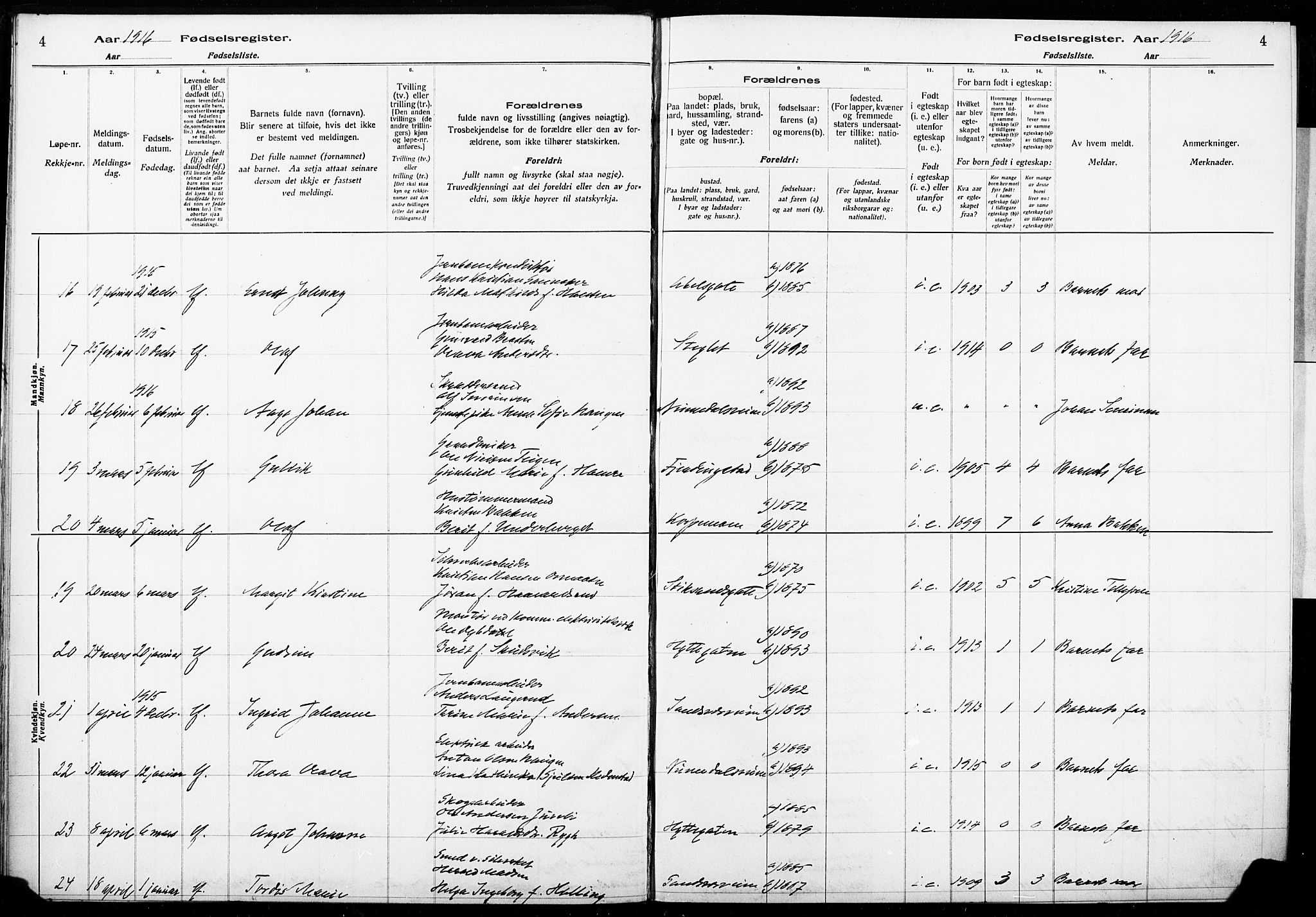 Kongsberg kirkebøker, AV/SAKO-A-22/J/Ja/L0001: Birth register no. I 1, 1916-1927, p. 4