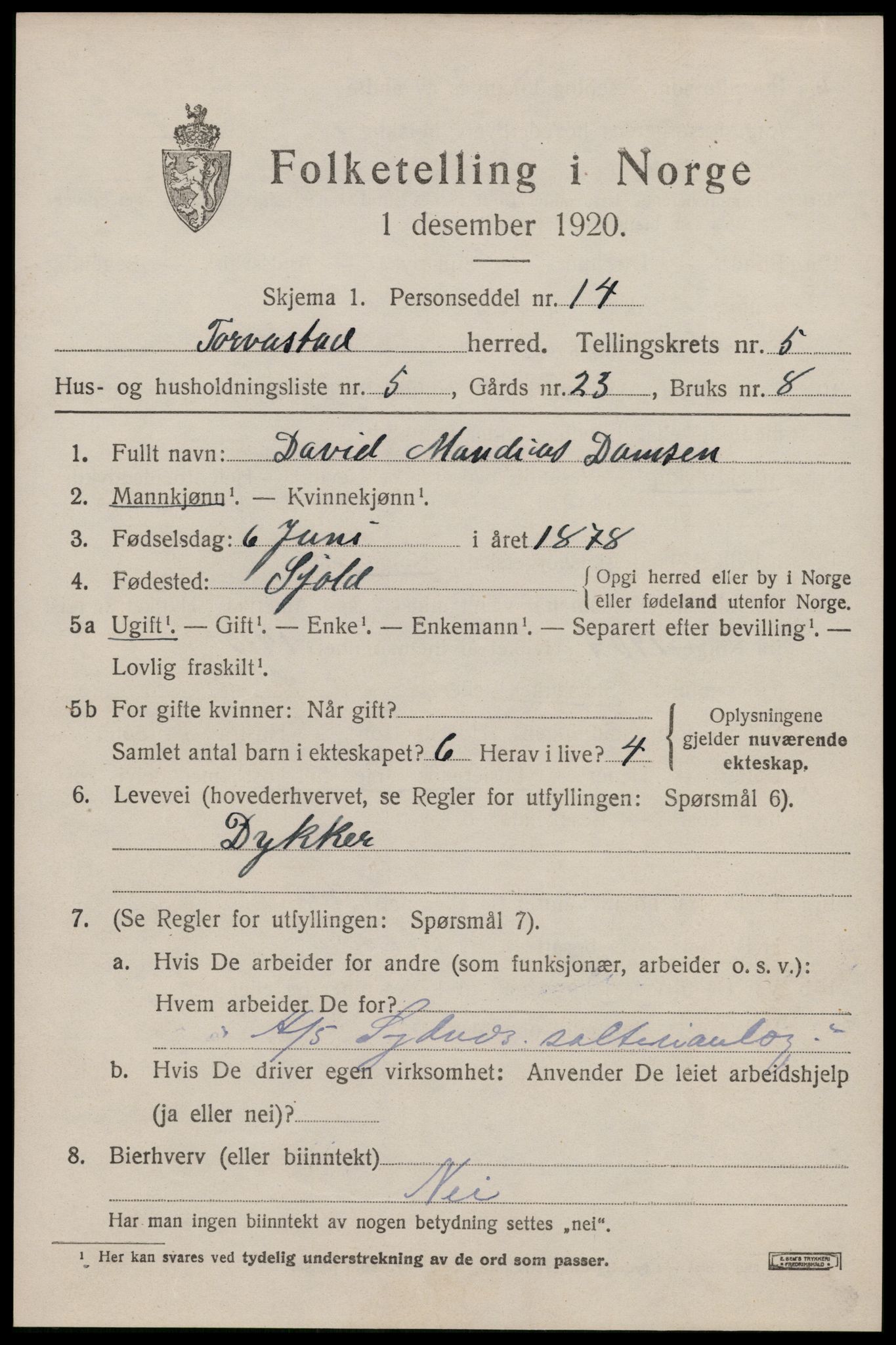 SAST, 1920 census for Torvastad, 1920, p. 4368