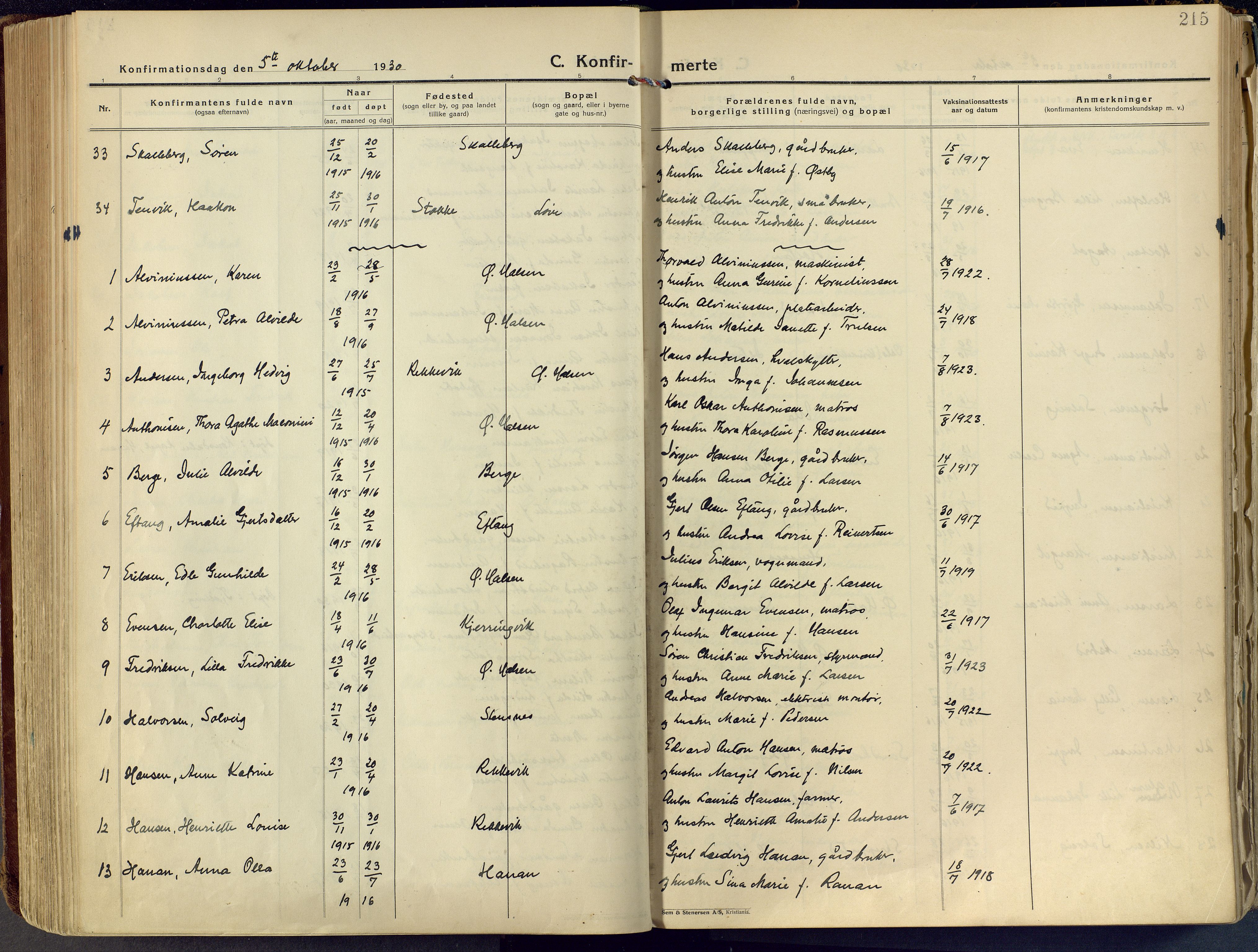 Tjølling kirkebøker, AV/SAKO-A-60/F/Fa/L0011: Parish register (official) no. 11, 1924-1943, p. 215