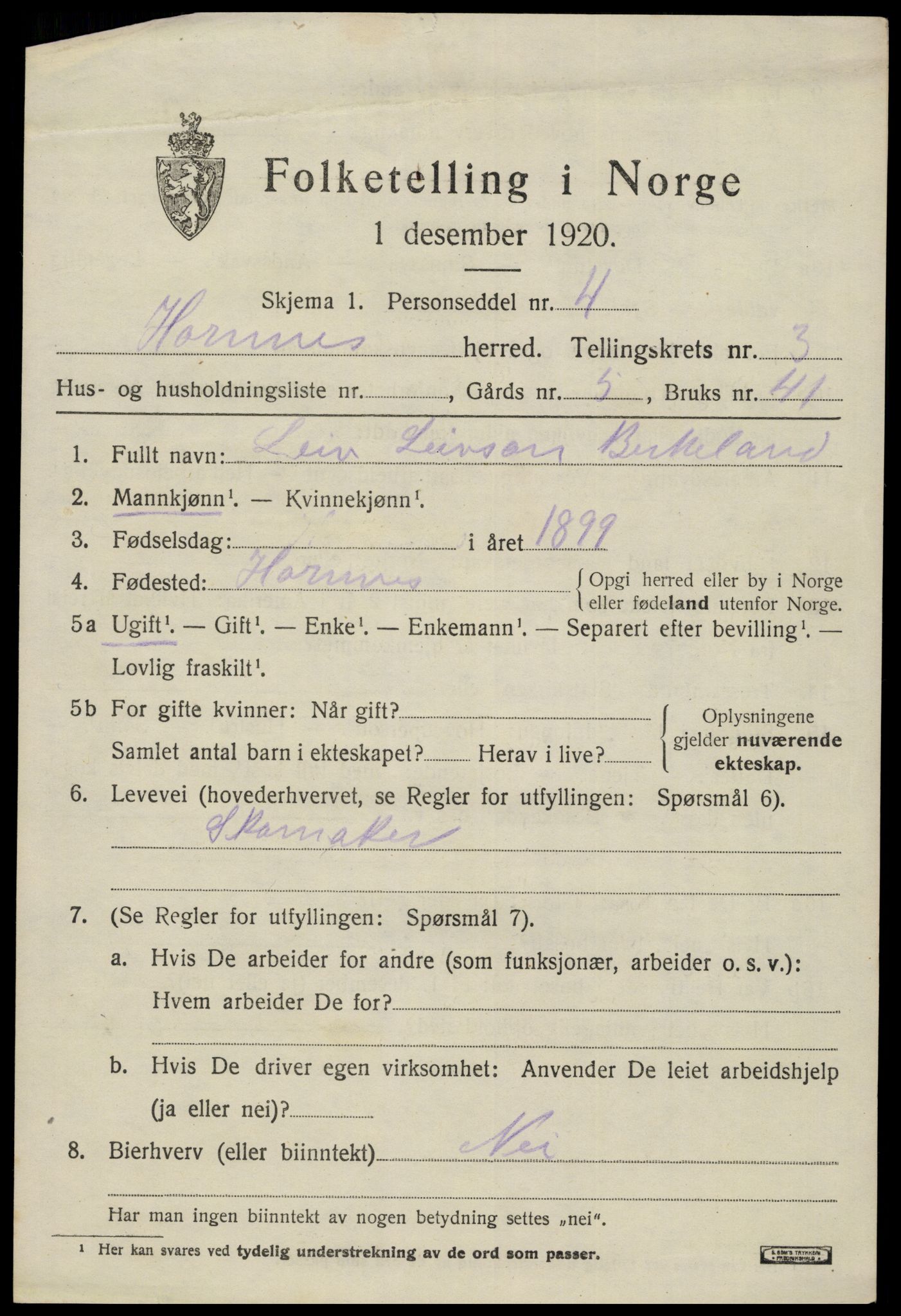 SAK, 1920 census for Hornnes, 1920, p. 927