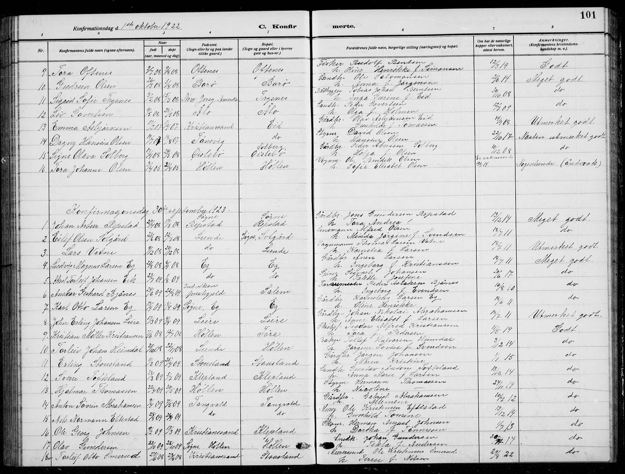 Søgne sokneprestkontor, SAK/1111-0037/F/Fb/Fbb/L0007: Parish register (copy) no. B 7, 1912-1931, p. 101