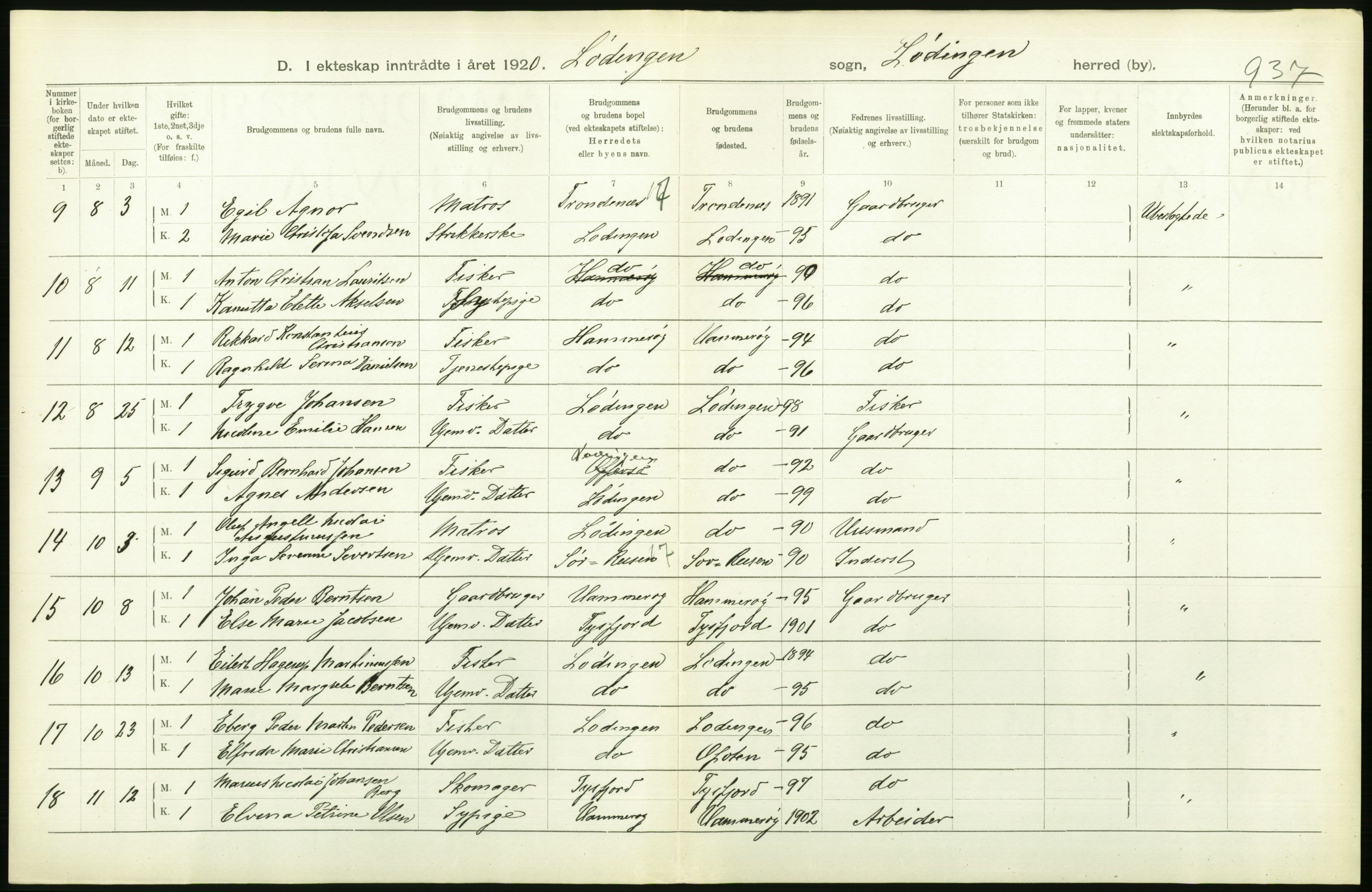 Statistisk sentralbyrå, Sosiodemografiske emner, Befolkning, AV/RA-S-2228/D/Df/Dfb/Dfbj/L0057: Nordland fylke: Gifte, dødfødte. Bygder og byer., 1920, p. 212