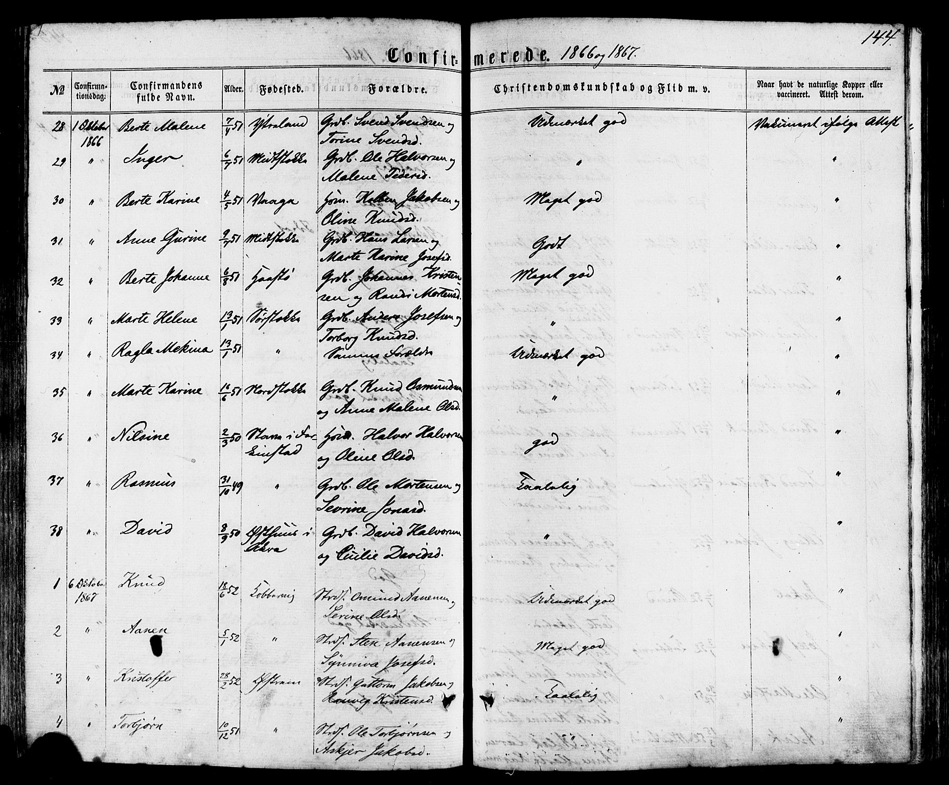 Avaldsnes sokneprestkontor, SAST/A -101851/H/Ha/Haa/L0011: Parish register (official) no. A 11, 1861-1880, p. 144