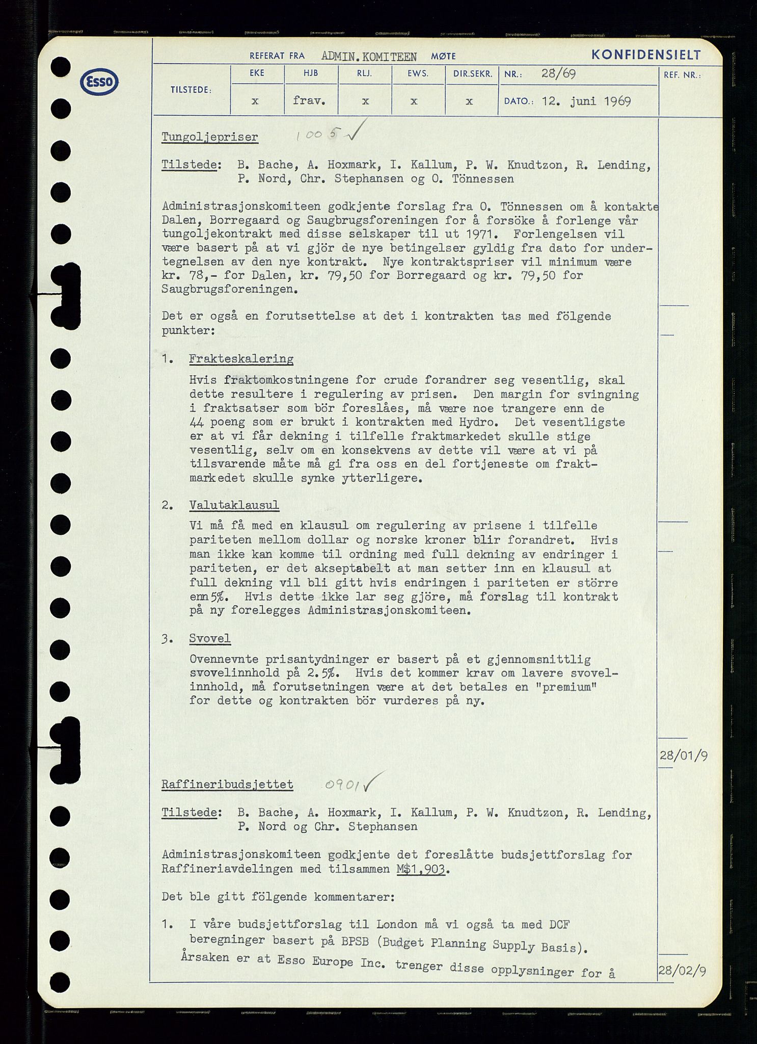 Pa 0982 - Esso Norge A/S, AV/SAST-A-100448/A/Aa/L0003/0001: Den administrerende direksjon Board minutes (styrereferater) og Bedriftforsamlingsprotokoll / Den administrerende direksjon Board minutes (styrereferater), 1969, p. 88