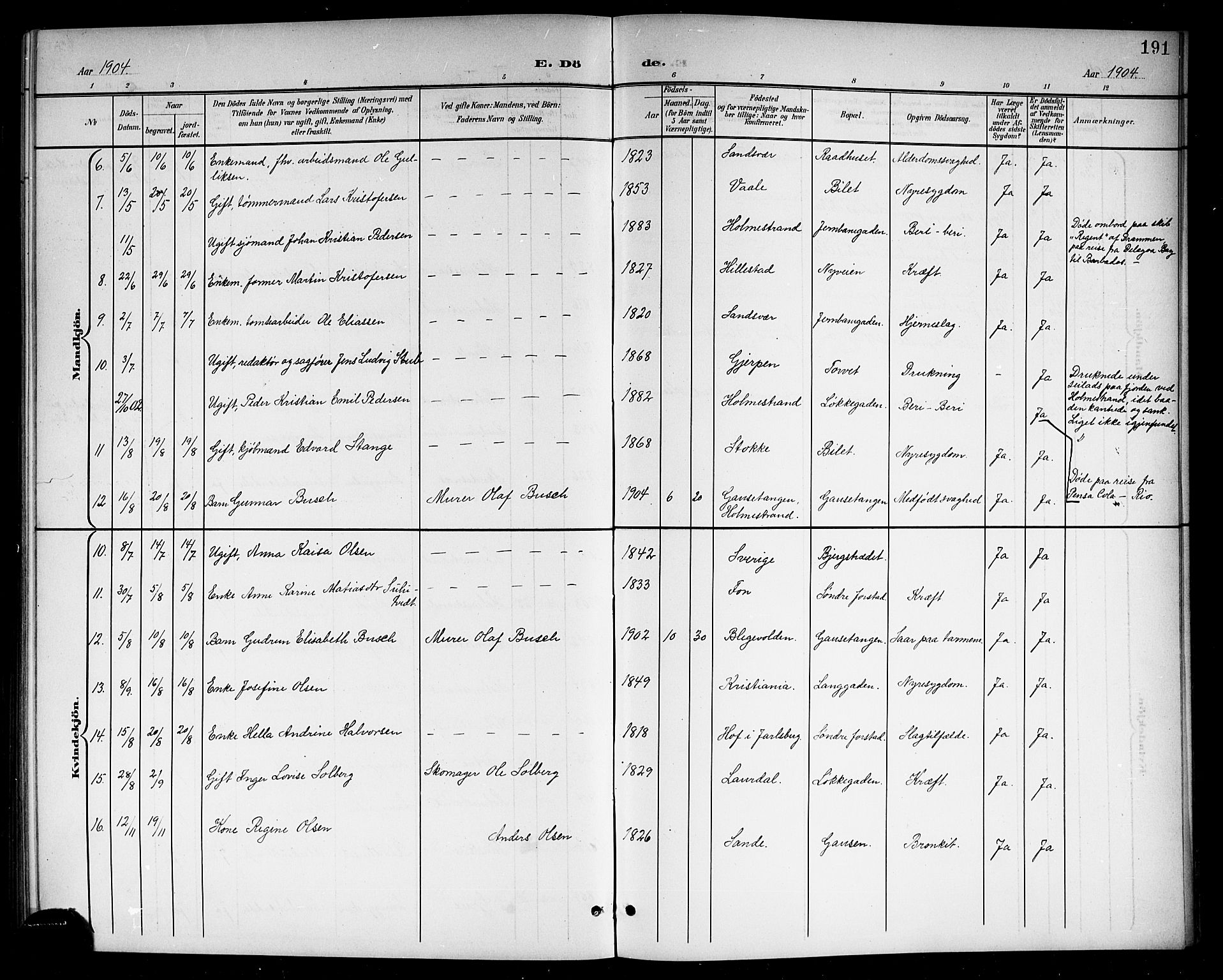 Holmestrand kirkebøker, AV/SAKO-A-346/G/Ga/L0006: Parish register (copy) no. 6, 1901-1923, p. 191