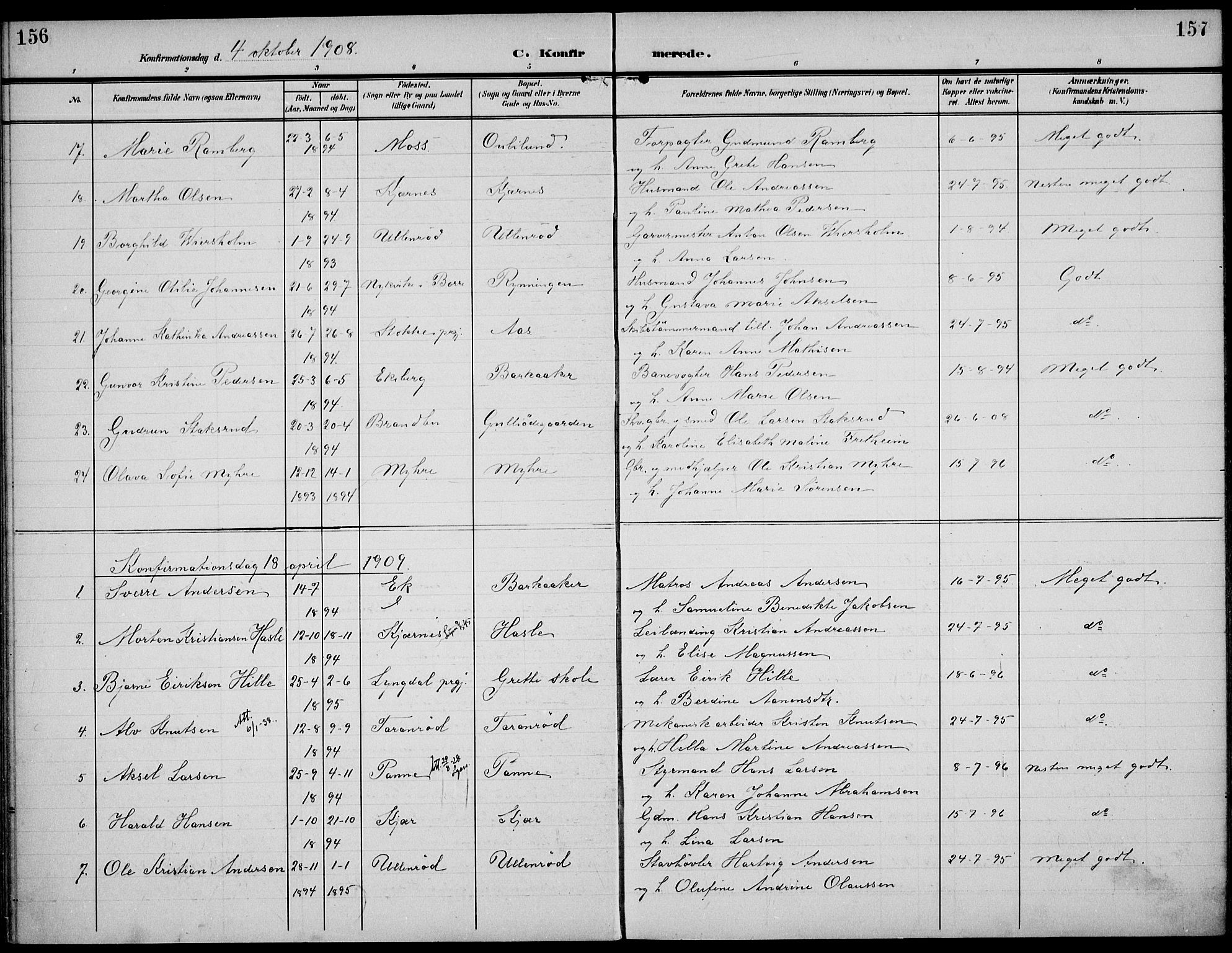 Sem kirkebøker, SAKO/A-5/F/Fa/L0012: Parish register (official) no. I 12, 1905-1915, p. 156-157
