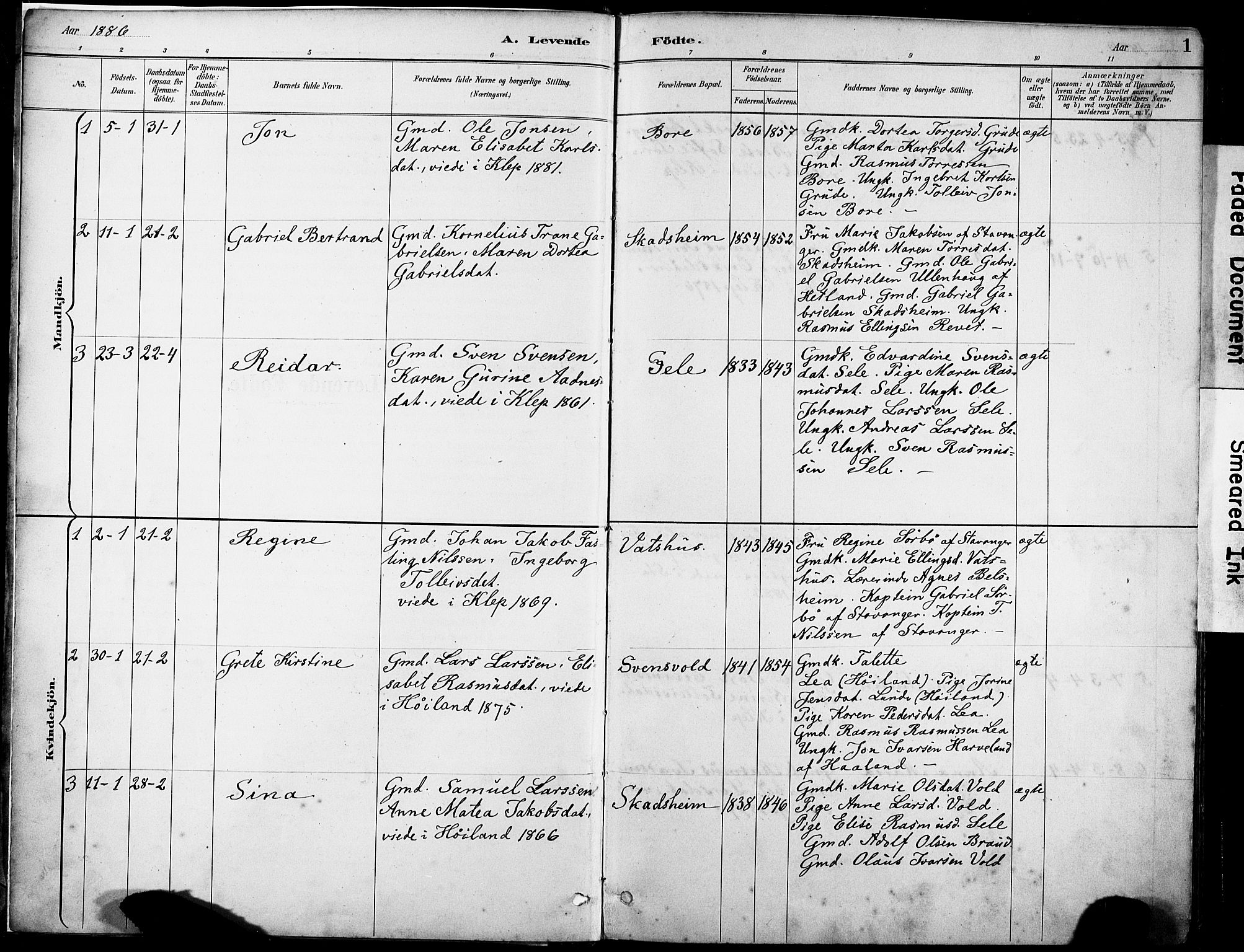 Klepp sokneprestkontor, SAST/A-101803/001/3/30BA/L0008: Parish register (official) no. A 9, 1886-1919, p. 1