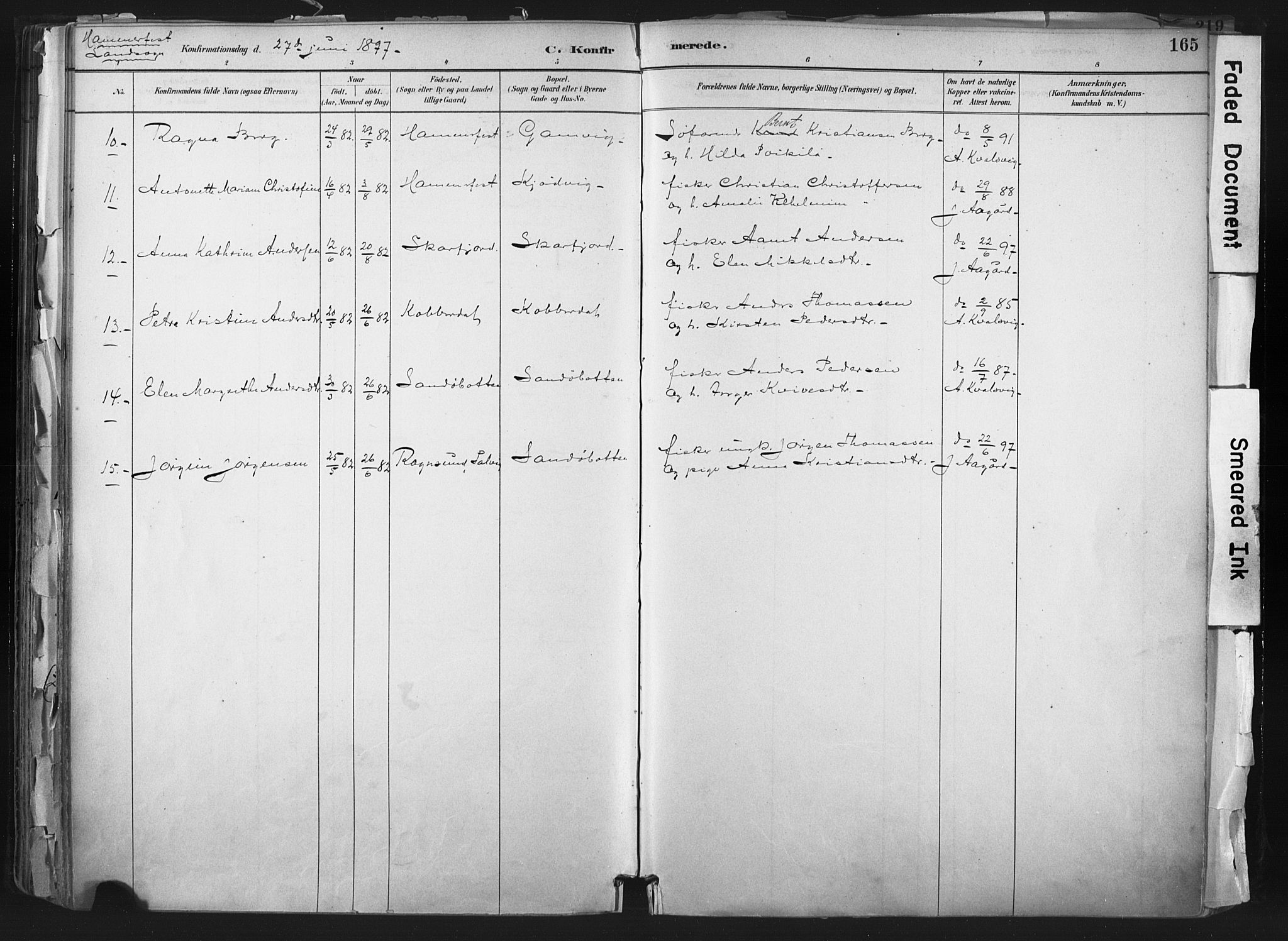 Hammerfest sokneprestkontor, SATØ/S-1347: Parish register (official) no. 11 /1, 1885-1897, p. 165