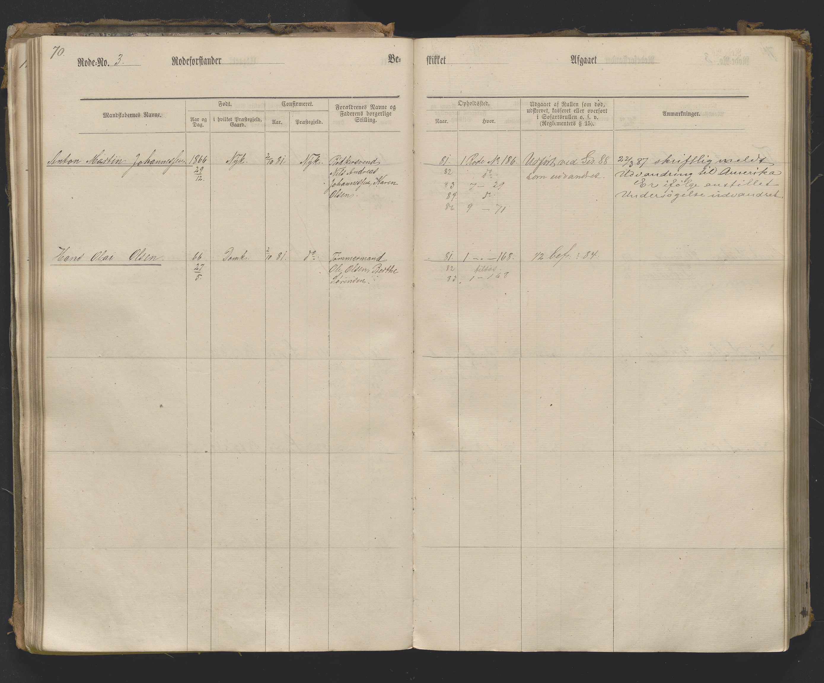 Bergens Krigskommisariat, SAB/A-5103/H/Hj/Hjc/Hjcb/L0001: Mannskapsrulle rode nr 1-21 (eldre ref: 275), 1870-1895, p. 70